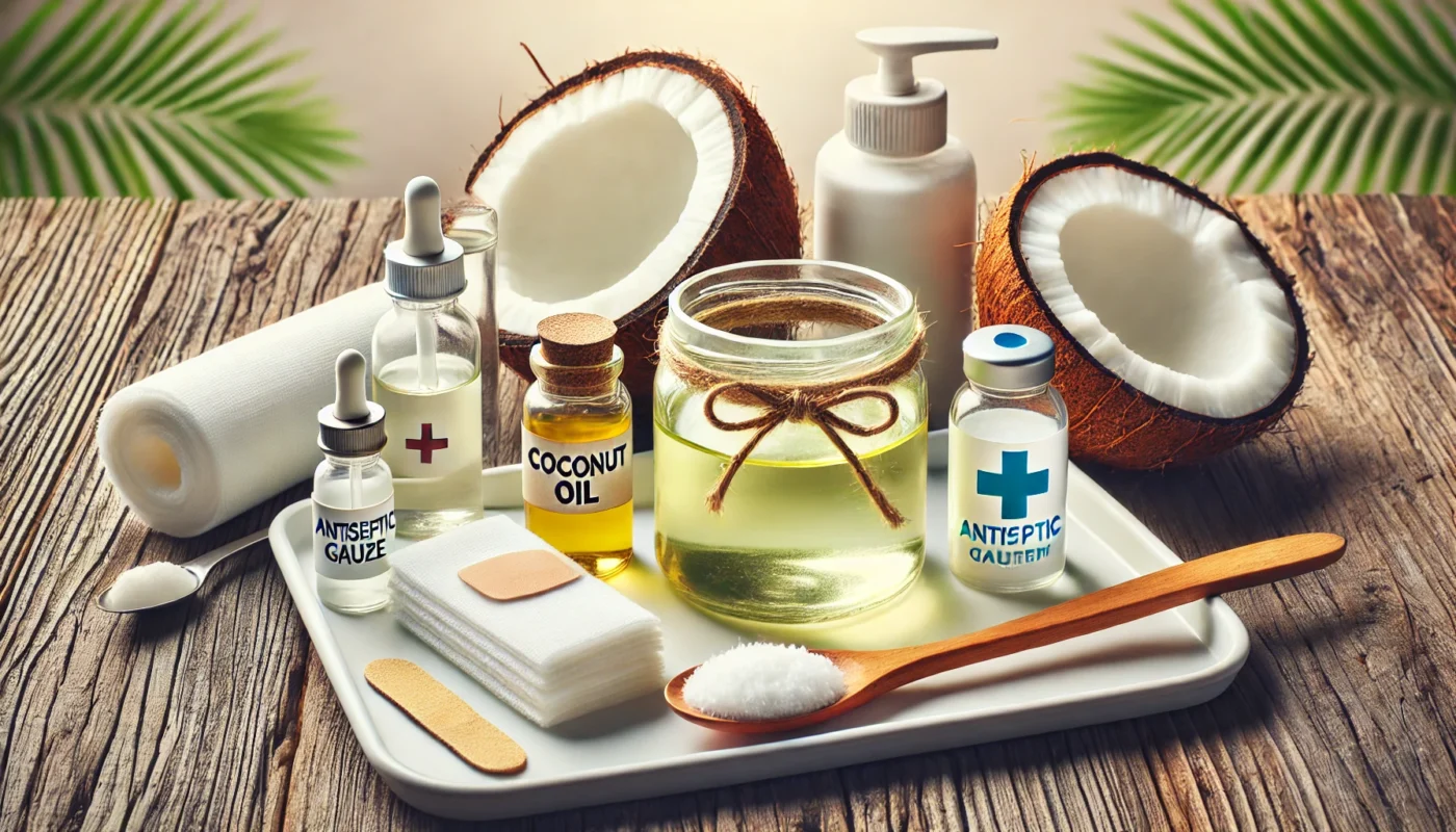 A visually contrasting composition featuring a glass jar of coconut oil with fresh coconut pieces on one side and a set of traditional wound care items, including antiseptic bottles, sterile gauze pads, and ointment tubes, on the other. The background is softly blurred, highlighting the difference between natural and clinical healing methods.