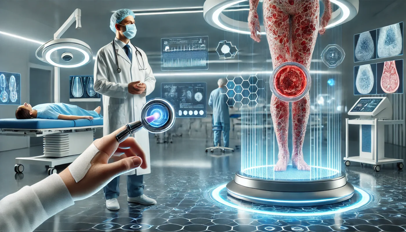 A high-tech wound healing center where a patient undergoes bioelectronic therapy for chronic wounds. A doctor in sterile attire examines real-time wound regeneration data projected on a holographic display, set in a modern, technologically advanced medical environment.