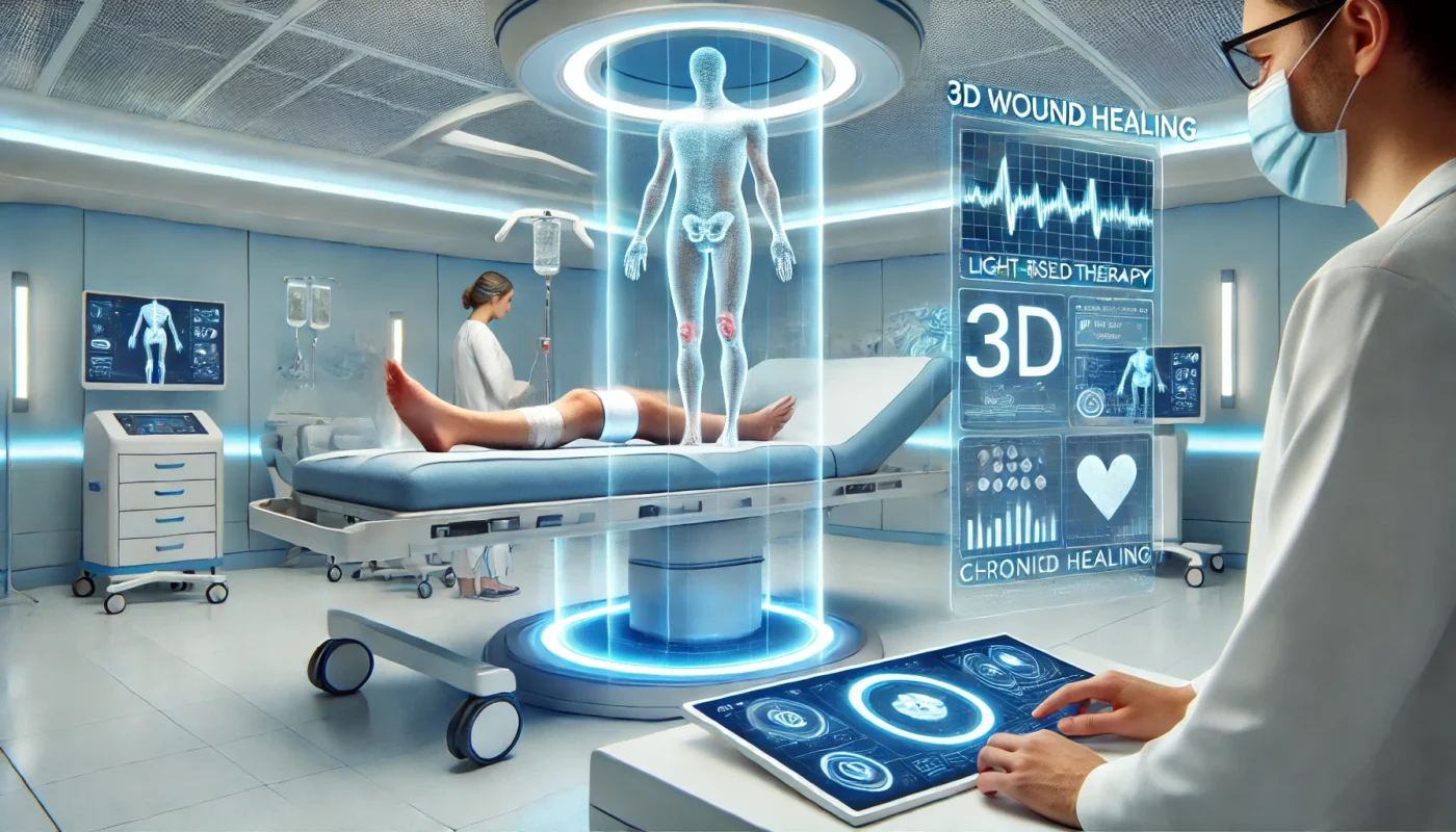 A futuristic medical treatment room where a patient's leg is treated with a smart bandage that emits light-based therapy. A medical professional monitors wound healing progress on an interactive 3D touchscreen display in a sterile, innovation-driven environment.