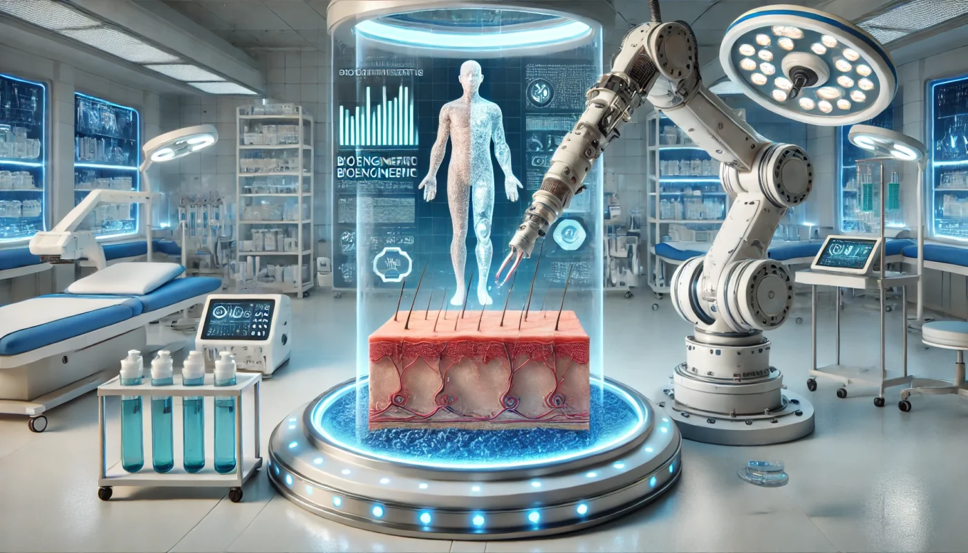 An advanced wound healing laboratory showcasing a robotic arm applying a bioengineered skin graft under sterile conditions. A holographic display projects real-time wound healing analytics, reinforcing the integration of technology in chronic wound care.