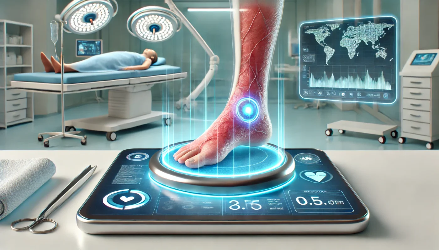 A futuristic medical setting featuring an advanced wound care treatment with a high-tech dressing emitting a glowing blue layer. Nearby, a digital medical scanner analyzes the wound in real-time on a sleek touchscreen device in a sterile clinical environment.