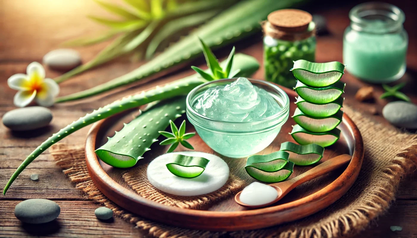 A holistic healing arrangement featuring a glass bowl filled with freshly scooped aloe vera gel, surrounded by aloe vera leaves and cooling herbal ingredients. A soft cotton pad with a dollop of gel sits beside it on a rustic wooden tray, emphasizing its soothing effects for burn relief.