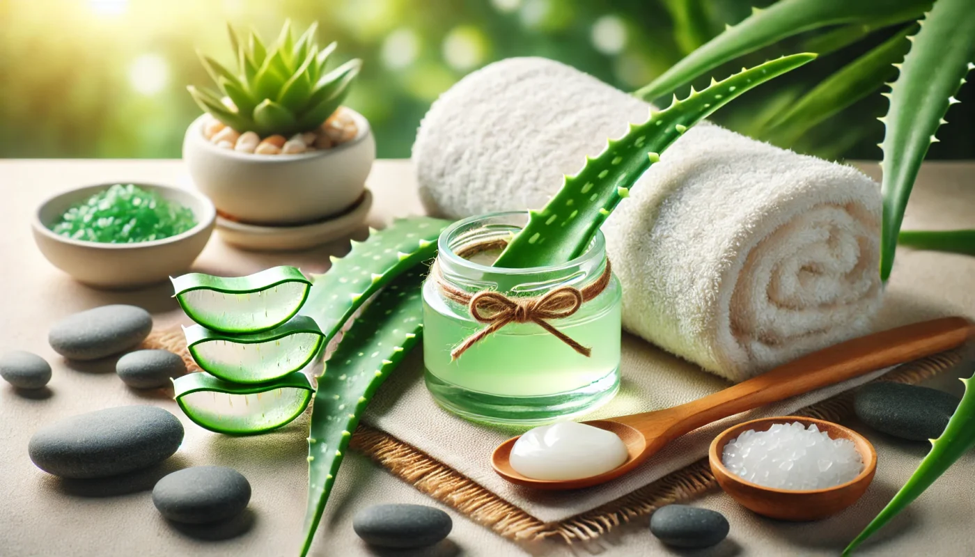 A spa-inspired setting with aloe vera gel in a small glass jar accompanied by a wooden spatula. Nearby, fresh aloe leaves are sliced open, revealing their thick healing gel, surrounded by a soft white towel and smooth pebbles for a calming ambiance.