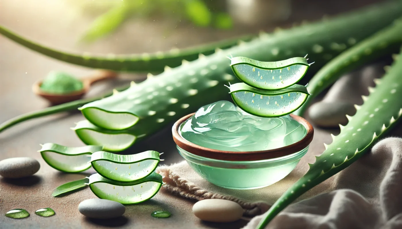 A soothing composition featuring freshly cut aloe vera leaves with thick, translucent gel oozing from the slices. A small glass bowl filled with aloe gel sits nearby, surrounded by smooth stones and fresh green leaves, highlighting its cooling and healing properties for burn relief.