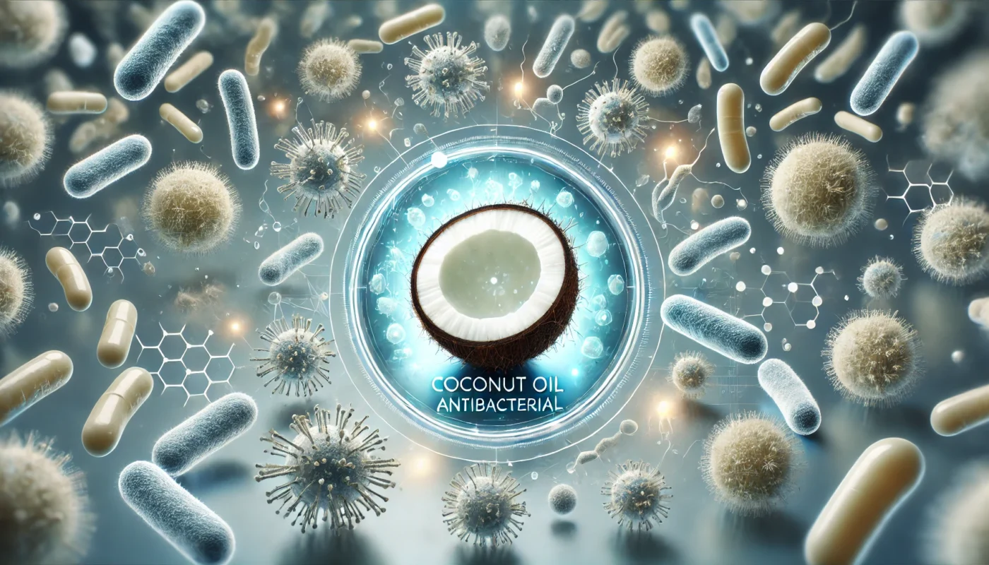 A scientific visualization of coconut oil’s antibacterial properties, showing magnified coconut oil droplets neutralizing harmful bacteria. The glowing antibacterial effect is set against a sleek, modern background with blue and white tones, symbolizing the medicinal benefits of coconut oil.