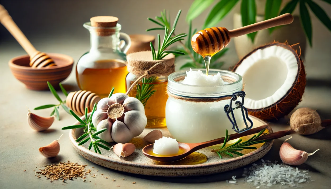 A wellness-themed arrangement with a glass jar of coconut oil accompanied by antibacterial ingredients like garlic, honey, and rosemary. A wooden spoon with melted coconut oil sits on a ceramic dish, illuminated by warm, soft lighting.