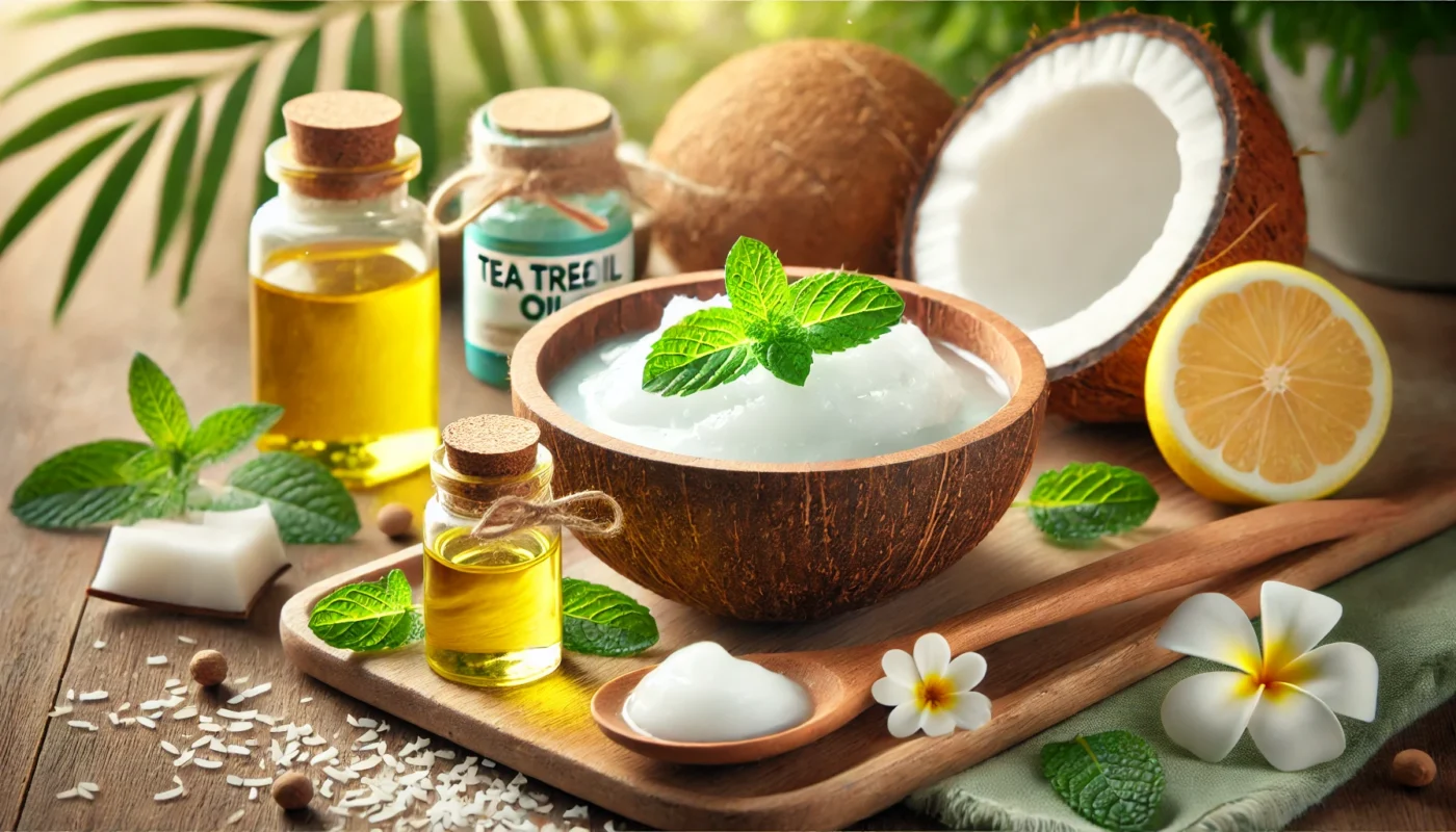 A close-up of coconut oil in a wooden bowl with a wooden spoon drizzling the oil. Around it, antibacterial elements such as tea tree oil, fresh mint leaves, and lemon slices are arranged, highlighting its antimicrobial benefits in a natural setting.