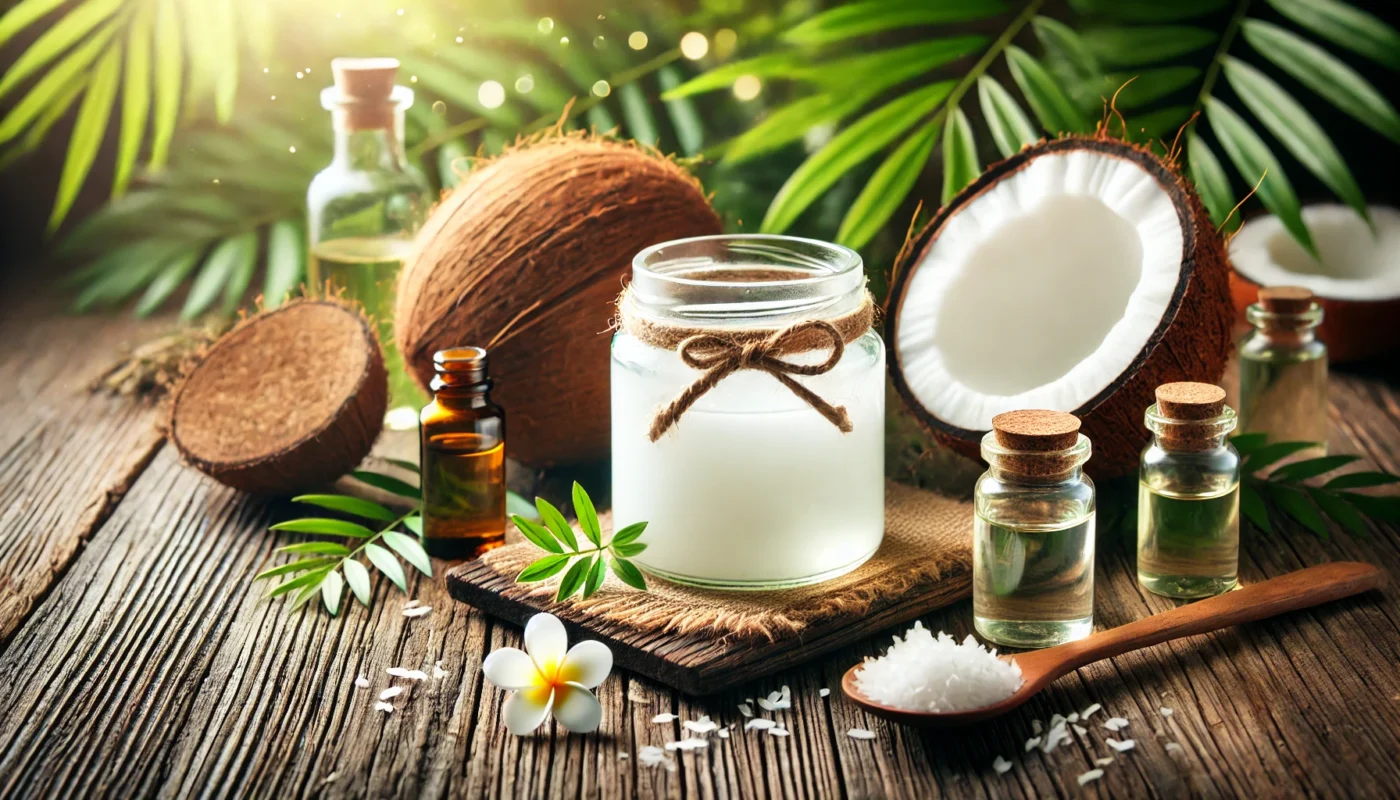 A natural composition featuring a glass jar of coconut oil on a rustic wooden surface, surrounded by fresh coconut halves and small vials of essential oils. Soft, warm lighting and blurred green leaves emphasize the organic and therapeutic properties of coconut oil.