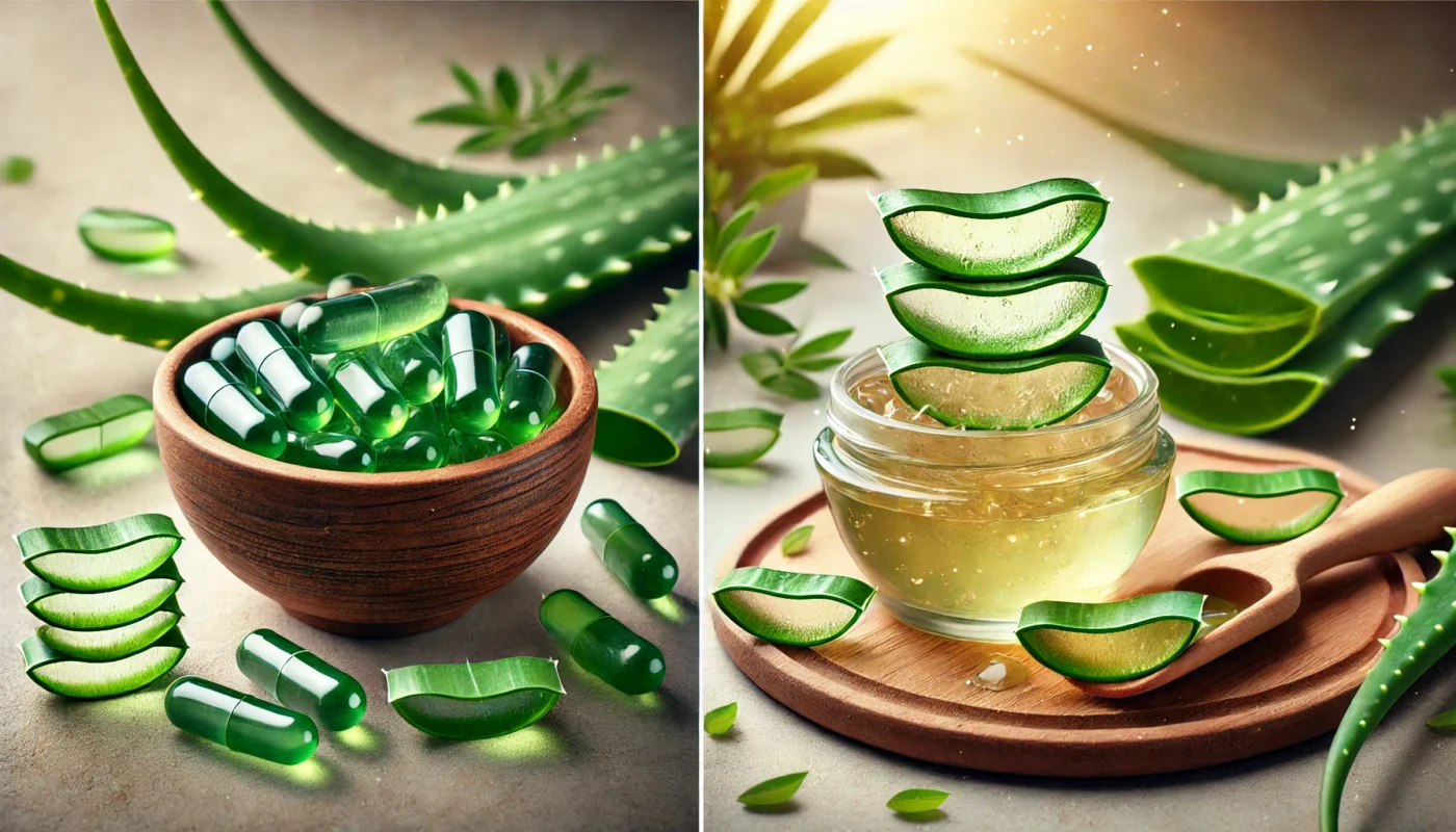 A visual transformation of aloe vera pills into fresh aloe gel. A wooden bowl holds glossy aloe vera capsules on one side, while fresh aloe leaves are sliced open, revealing thick, translucent gel. A small glass container of aloe gel symbolizes the conversion from supplement to natural form.