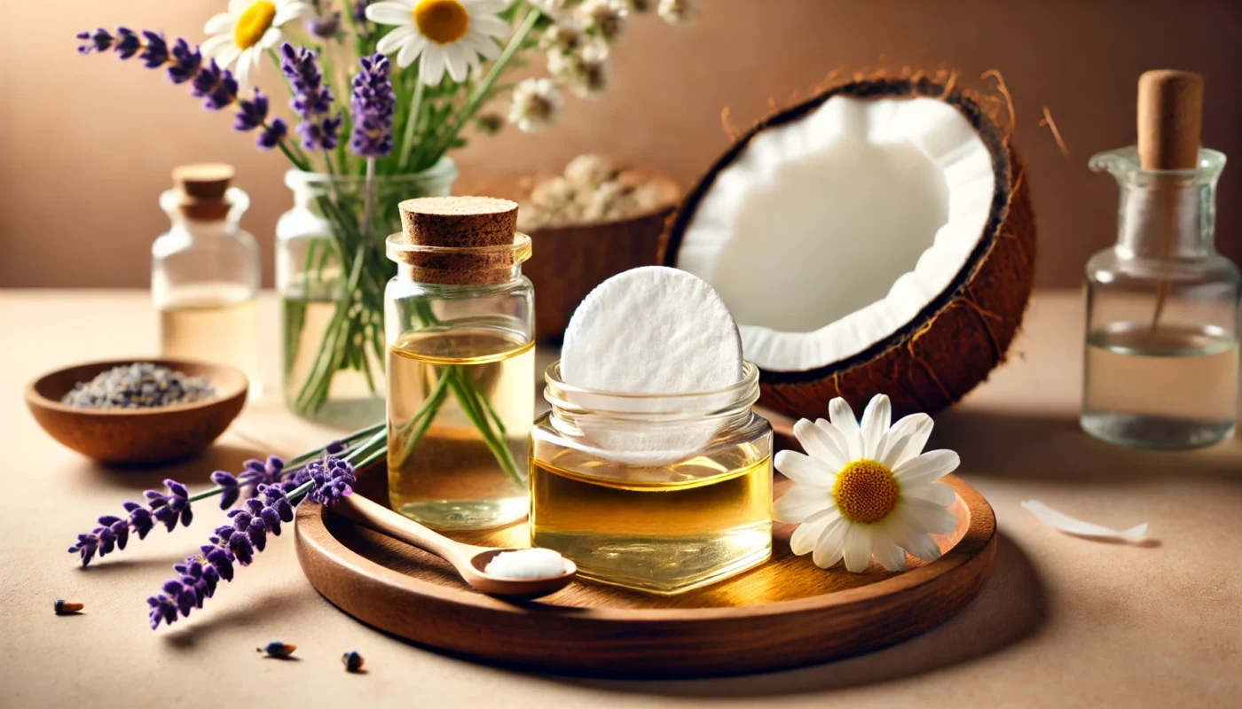 A natural skincare setup showcasing coconut oil in a glass container, with a small cotton pad dipped in oil resting on a wooden tray. Healing elements such as lavender sprigs, chamomile flowers, and fresh coconut slices surround the scene, reinforcing its benefits for calming skin irritation.