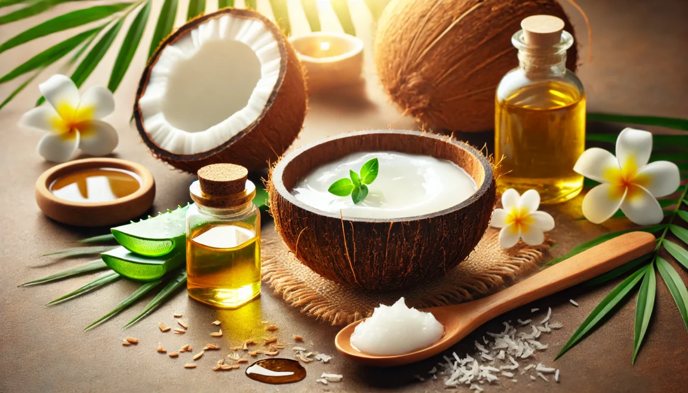 A spa-inspired arrangement displaying coconut oil in a wooden bowl, with a soft brush applying it to hydrated skin. Fresh coconut halves, soothing herbs, and a dish of aloe vera gel complete the composition, highlighting coconut oil’s calming and anti-inflammatory effects.