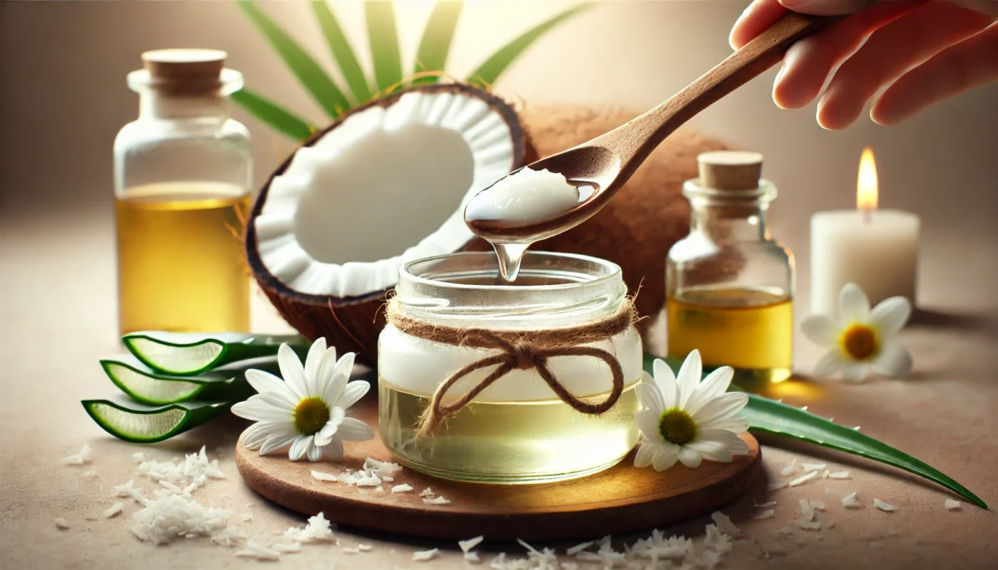 A calming skincare scene featuring a glass jar of coconut oil with a wooden spoon drizzling the oil onto a smooth surface. Fresh coconut pieces, aloe vera, and chamomile flowers surround the setup, emphasizing the oil’s soothing and moisturizing properties for irritated skin.