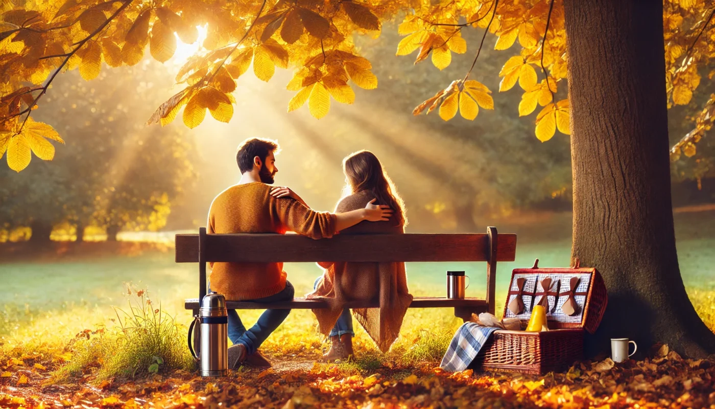 A comforting moment between two friends sitting on a park bench under golden autumn leaves, engaged in deep conversation. One friend offers a reassuring touch on the other's shoulder, symbolizing emotional support and healing, with warm sunlight filtering through the trees to enhance the soothing atmosphere.