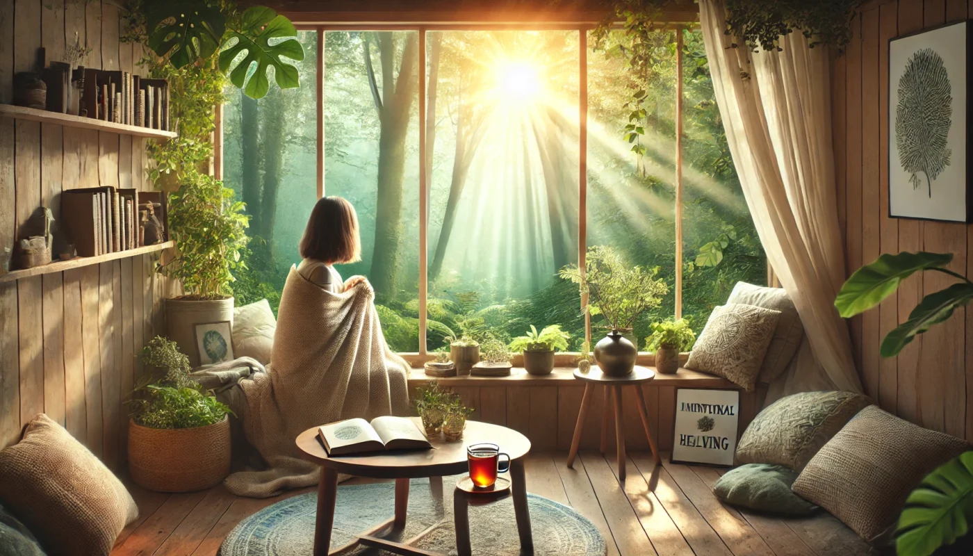 A serene nature-inspired setting featuring a cozy reading nook by a large window overlooking a lush, sunlit forest. A person wrapped in a soft blanket holds a warm cup of tea, surrounded by a journal and books on mindfulness, symbolizing comfort and self-care for emotional healing.