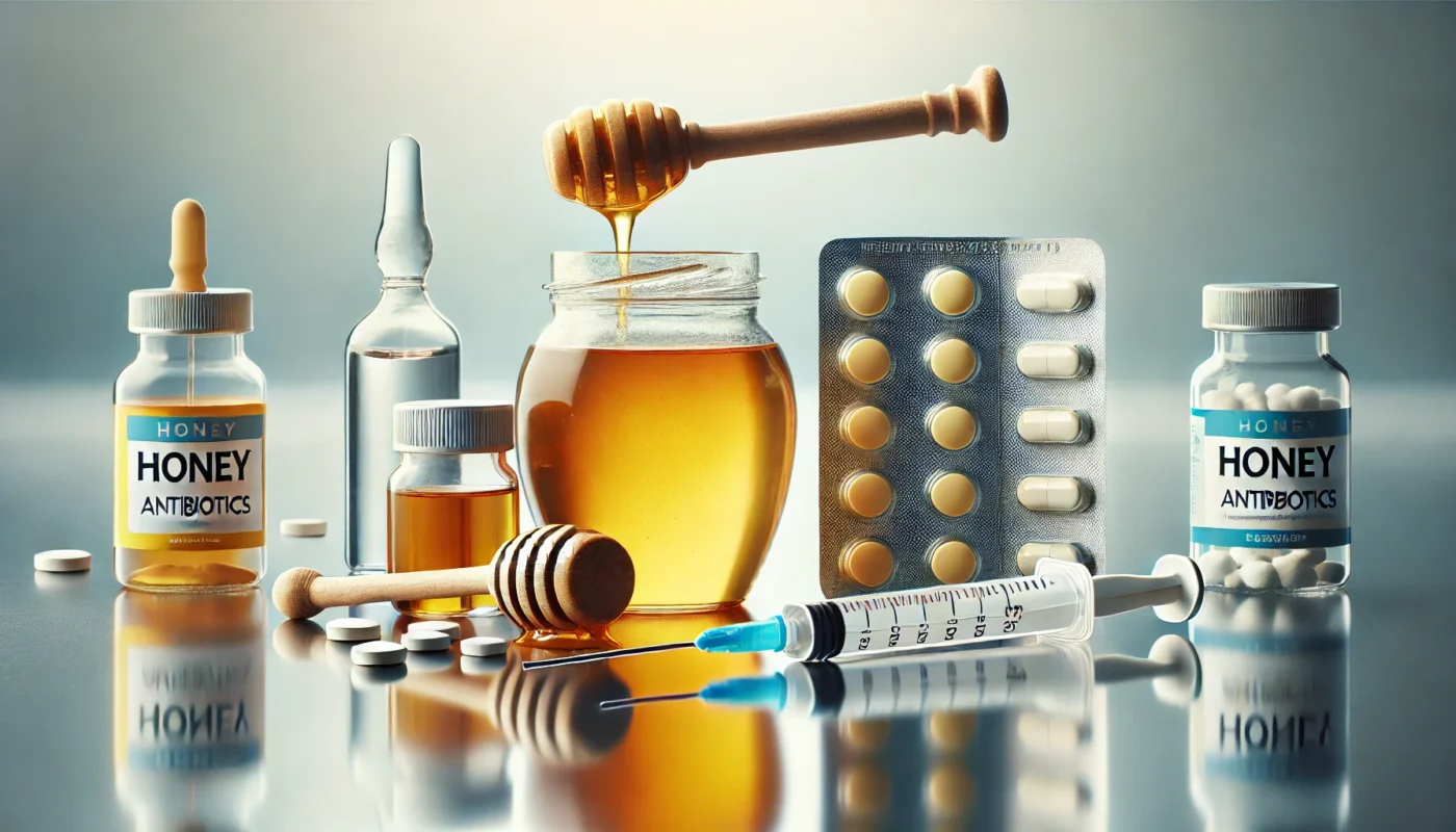 A balanced still-life composition showcasing honey and antibiotics as treatment options, with a glass jar of golden honey and a wooden dipper on one side, and a blister pack of antibiotic pills with a syringe on the other. The reflective surface and soft lighting highlight the contrast between natural and pharmaceutical healing methods.