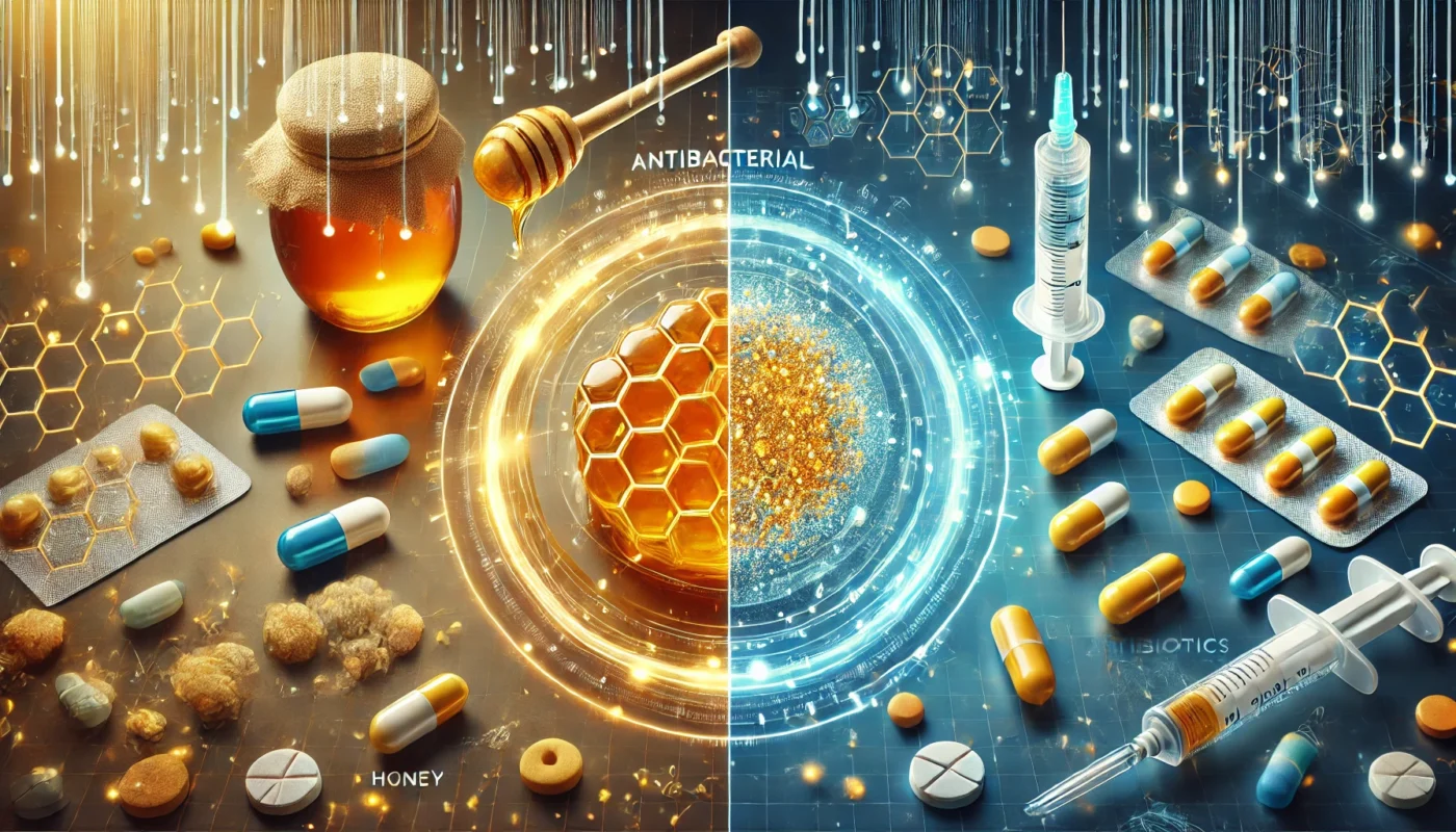 A scientific-themed comparison of honey and antibiotics, displaying a magnified view of honey’s antibacterial properties with glowing particles alongside an array of antibiotic capsules and syringes. The futuristic blue-toned laboratory background emphasizes the scientific analysis of both treatments.