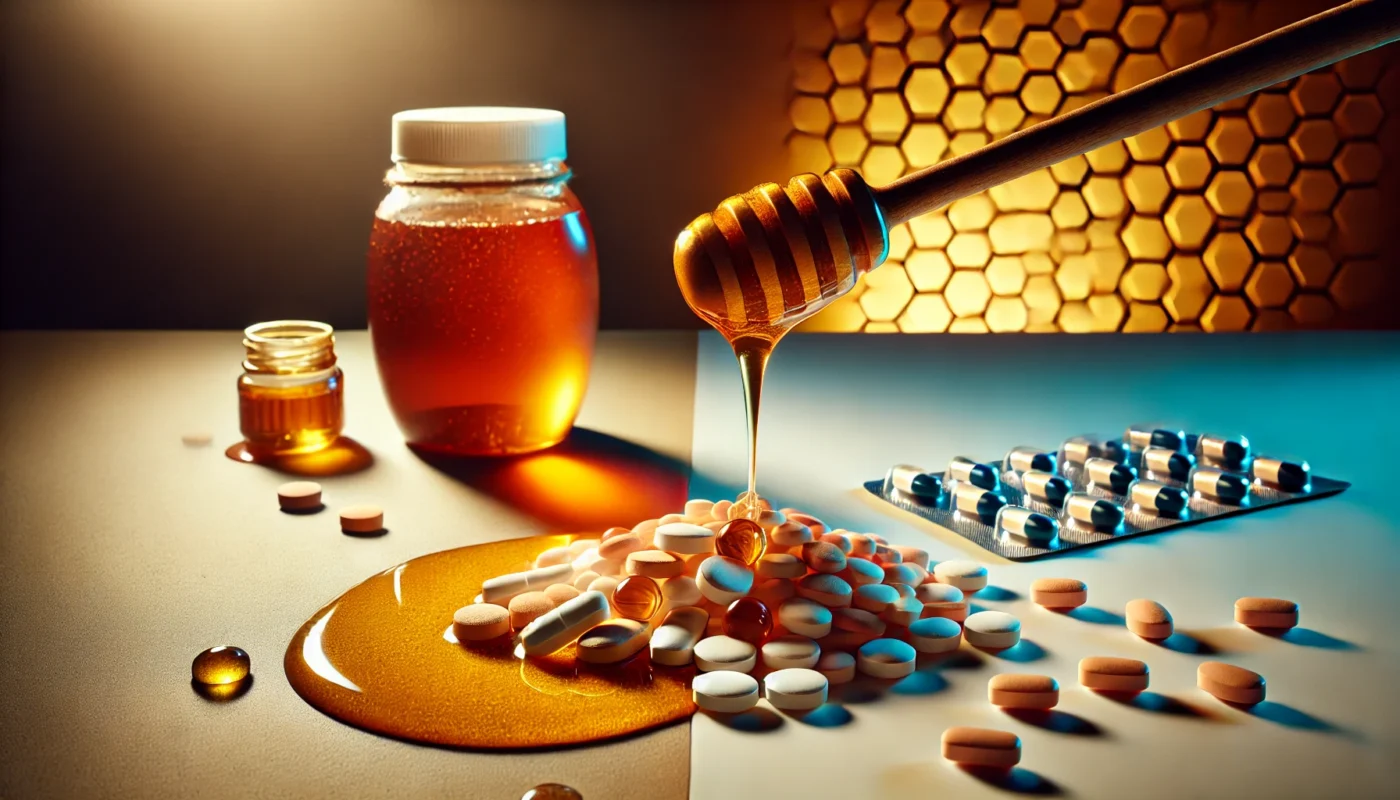 A conceptual representation of honey versus antibiotics, showing a wooden spoon drizzling golden honey on a smooth white surface, contrasted with antibiotic pills spilling from a prescription bottle. Warm lighting highlights the honey's richness, while the sterile, clinical setting emphasizes pharmaceutical treatment.

