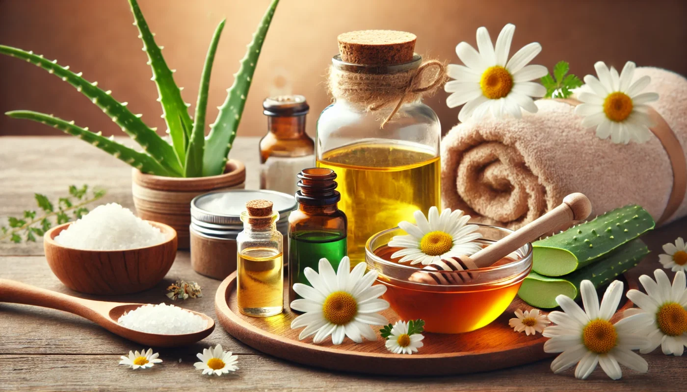 A relaxing spa-inspired setup displaying a glass bottle of tea tree oil, a dish of coconut oil, and a jar of raw honey. Fresh chamomile flowers and aloe vera leaves surround the arrangement, enhancing the theme of natural skincare for scar healing.