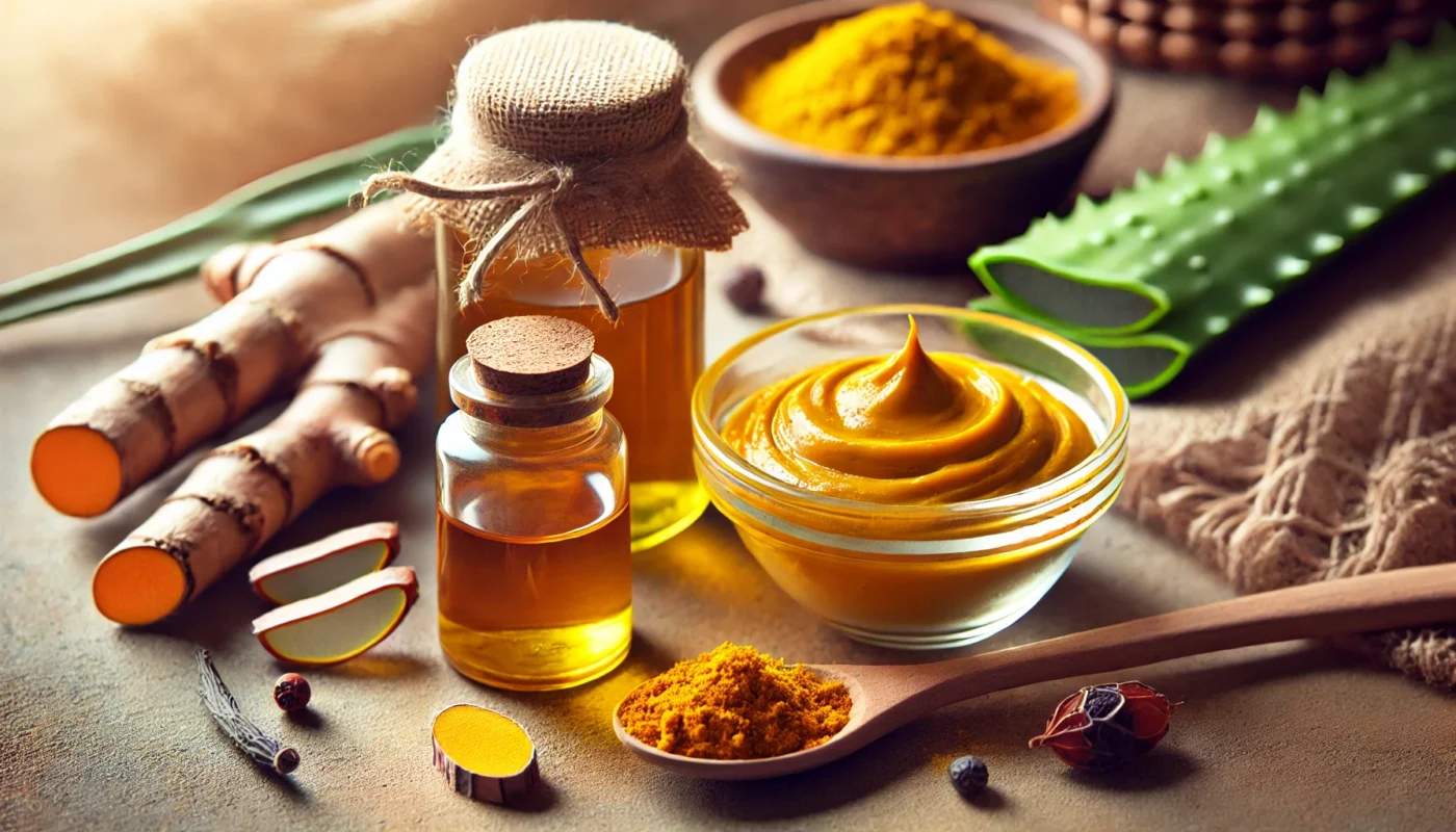 A close-up of natural remedies for keloid scar reduction, showcasing a glass bowl of turmeric paste, aloe vera gel, and rosehip oil. A wooden spoon holds a healing balm, symbolizing topical application in a warm, neutral-toned background.