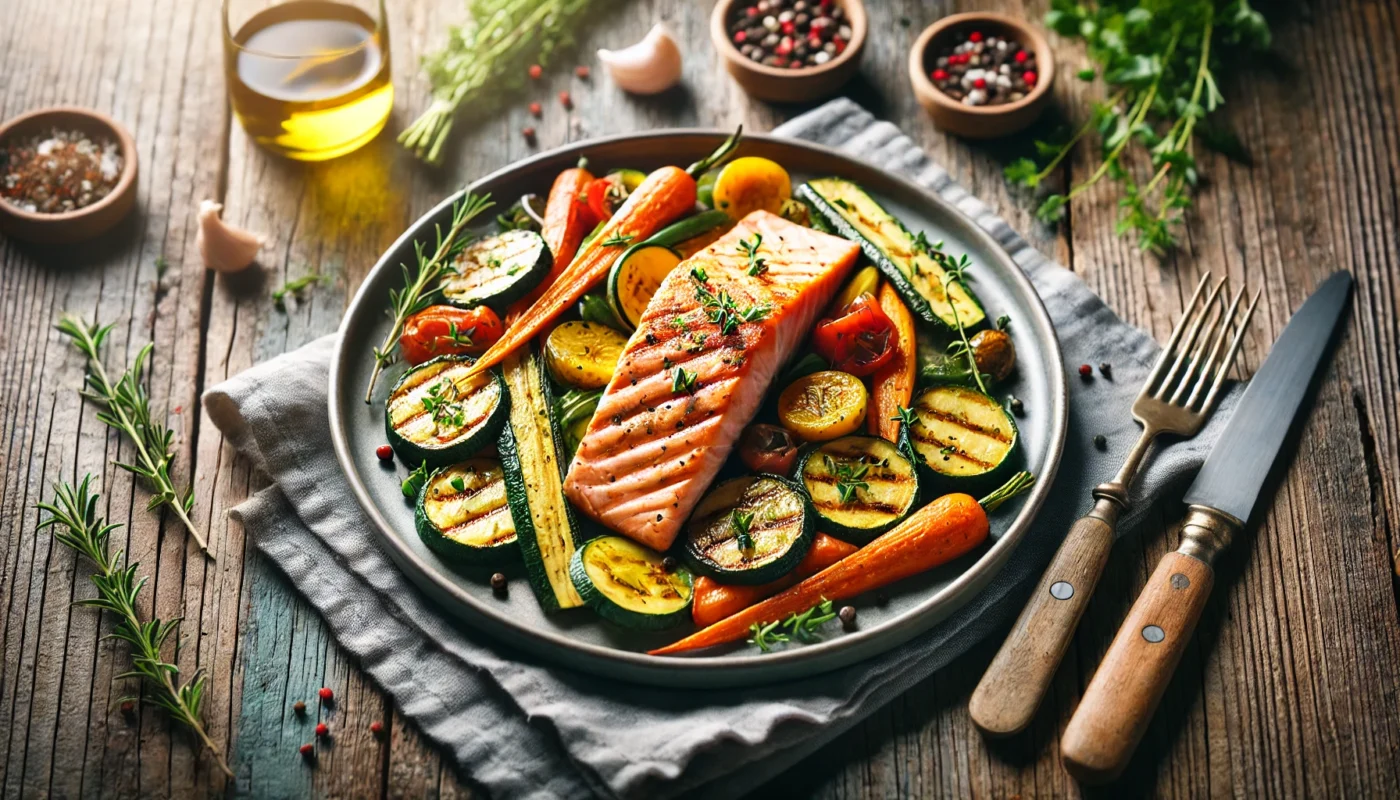 A beautifully plated Paleo meal with a grilled salmon fillet, roasted carrots, zucchini, and bell peppers, garnished with fresh herbs, served on a rustic wooden table with soft, natural lighting.