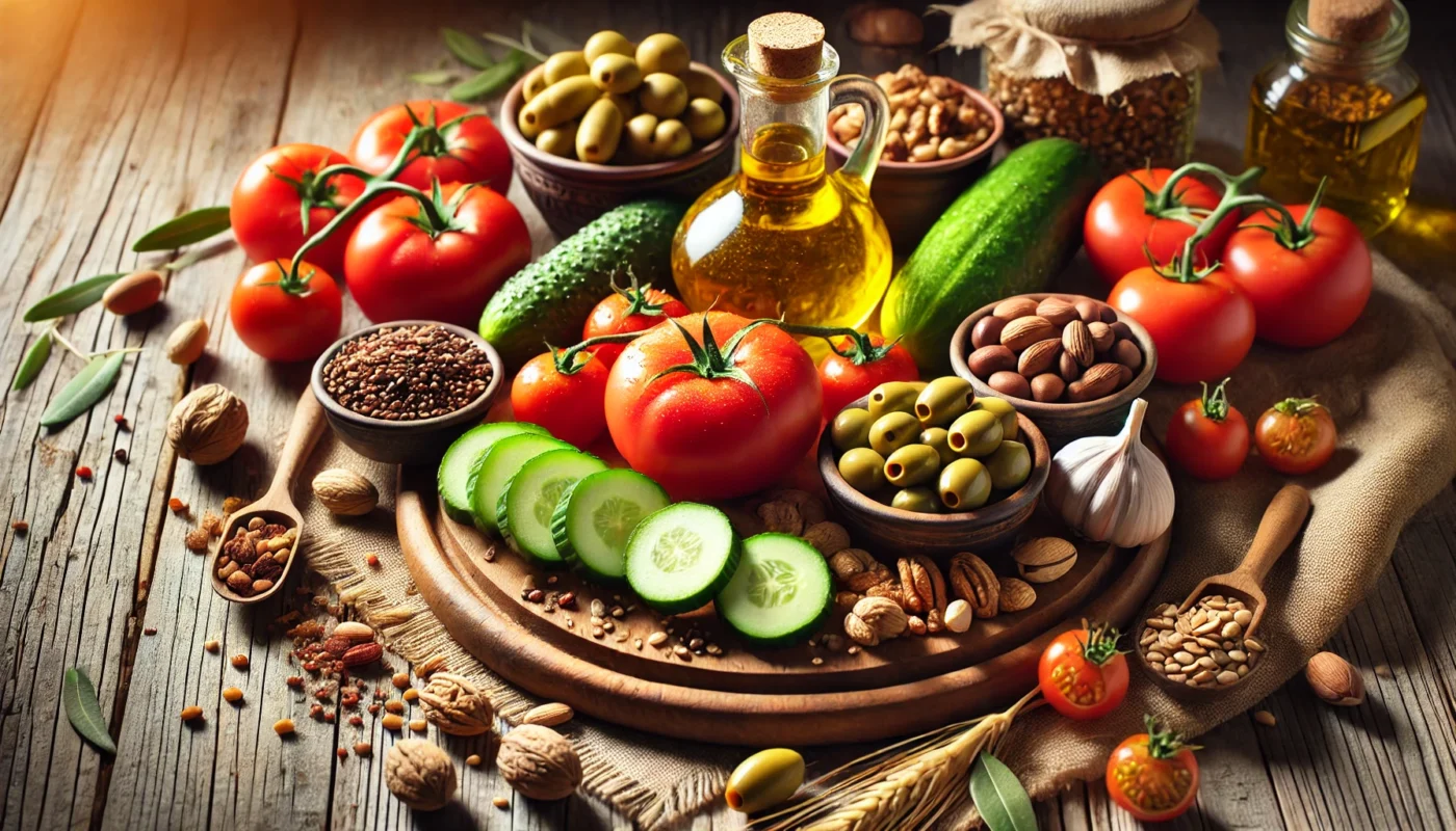 A beautifully arranged selection of Mediterranean diet ingredients, including fresh tomatoes, cucumbers, olives, nuts, legumes, and a drizzle of olive oil on a rustic table. Warm, natural lighting highlights the textures and colors.