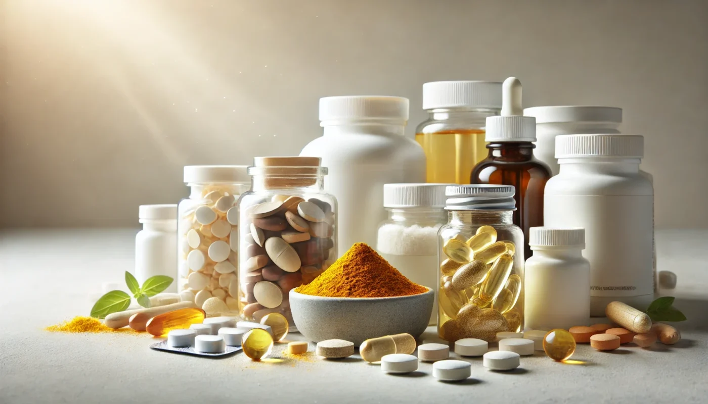 A collection of natural supplements for autoimmune support, including vitamin D capsules, omega-3 fish oil soft gels, turmeric powder, and probiotics, arranged on a clean, neutral background with soft lighting. The image contains only loose pills, capsules, and powders—absolutely no bottles, labels, or text of any kind.