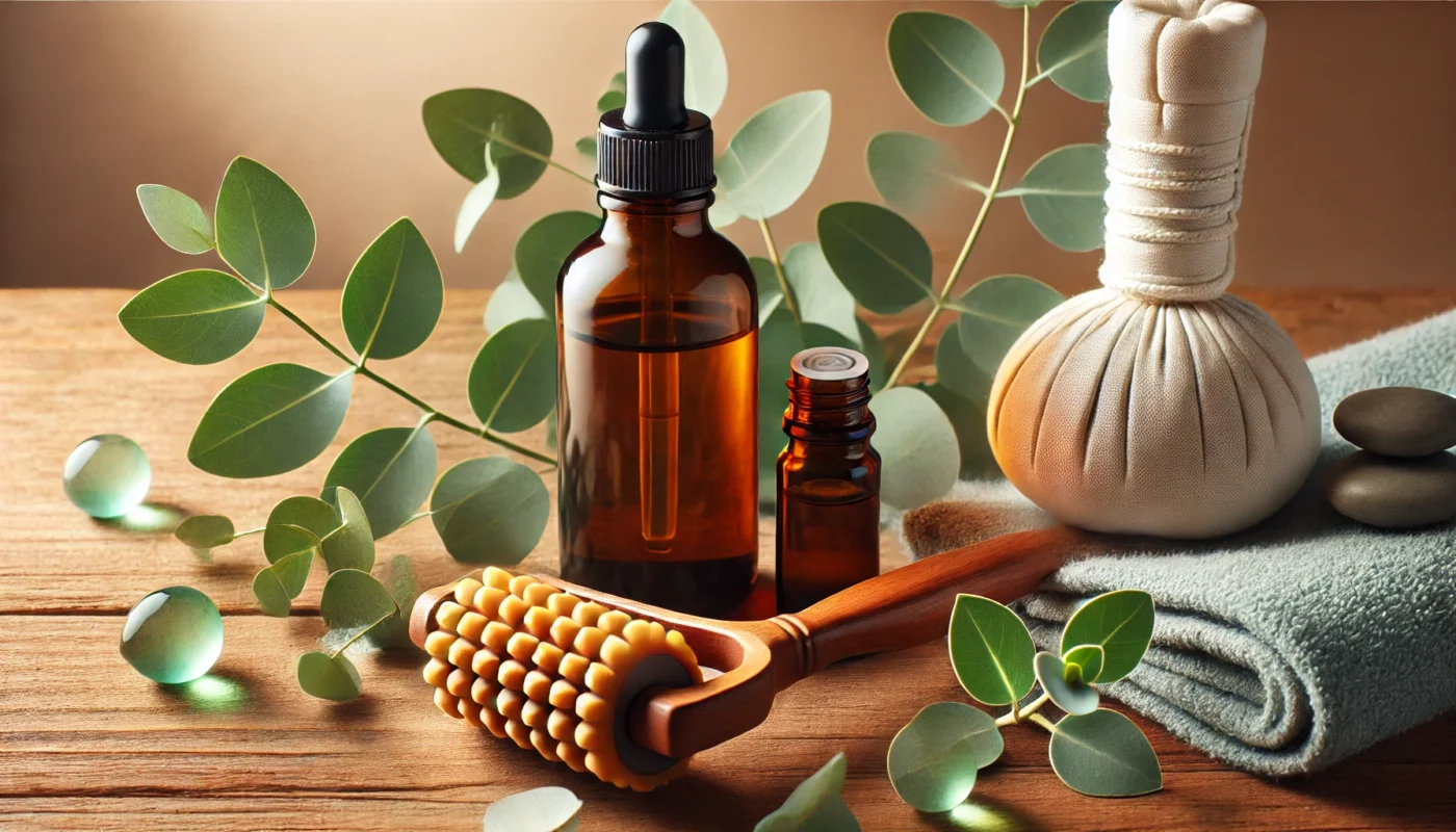 A bottle of essential oils with eucalyptus leaves and a wooden massage roller placed on a spa-like setting, highlighting the use of eucalyptus and peppermint oil for muscle relaxation.