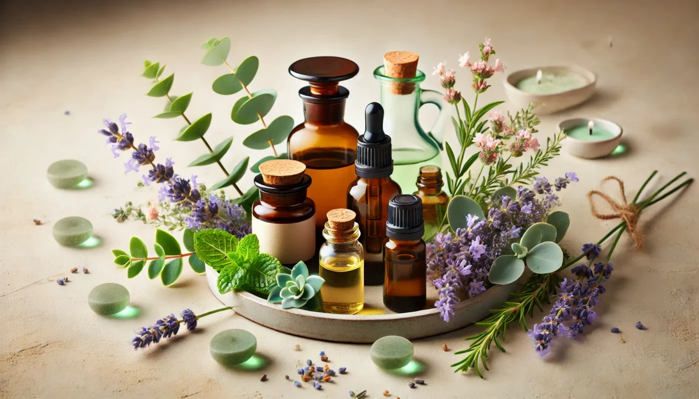 A calming and therapeutic display of essential oils, including eucalyptus, lavender, and peppermint, arranged with fresh herbs and flowers on a neutral background to highlight their healing properties.