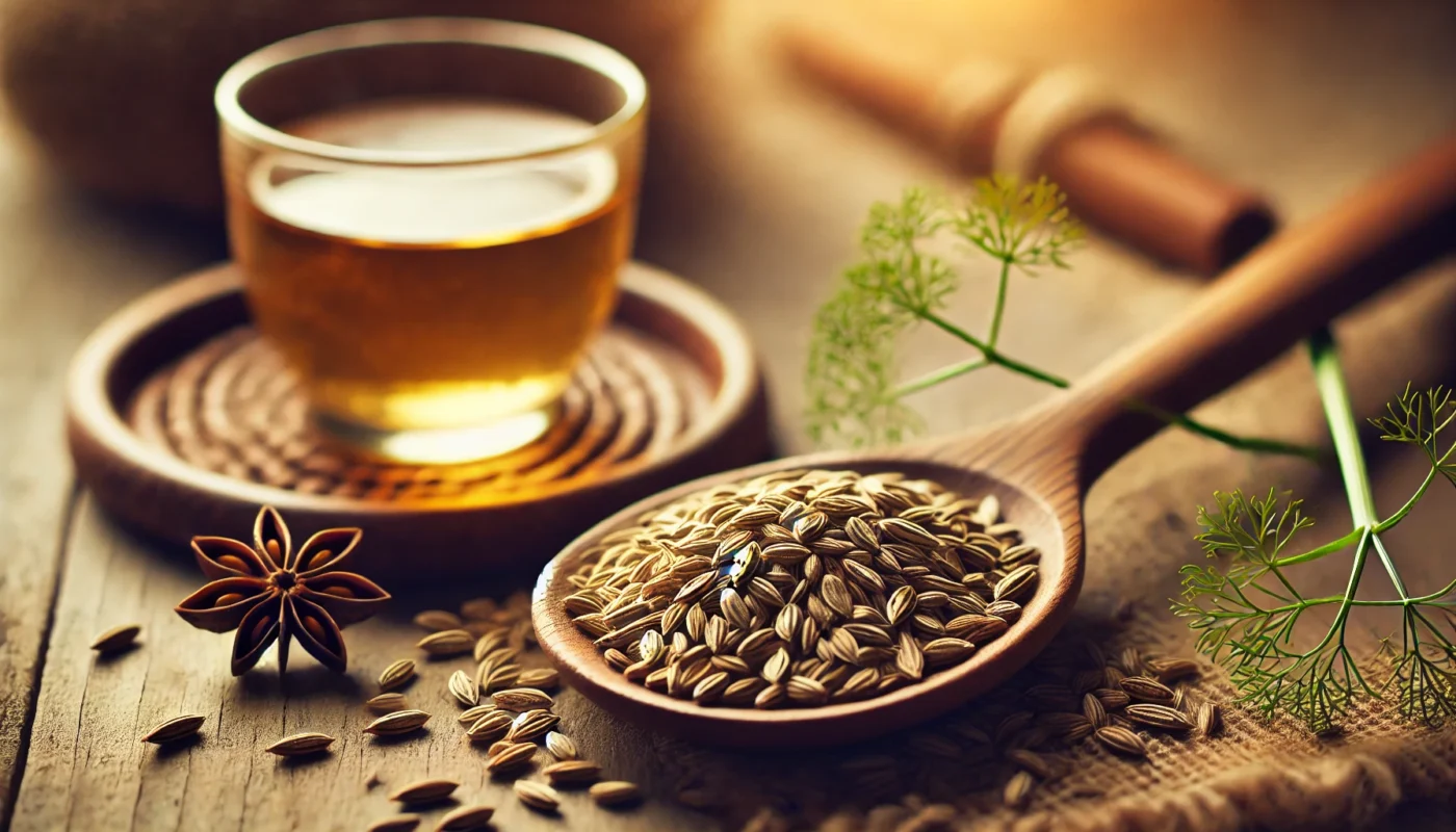 A serene setting displaying fennel seeds scattered on a wooden spoon with a glass of fennel tea beside it, highlighting fennel’s digestive benefits and traditional use in reducing bloating.