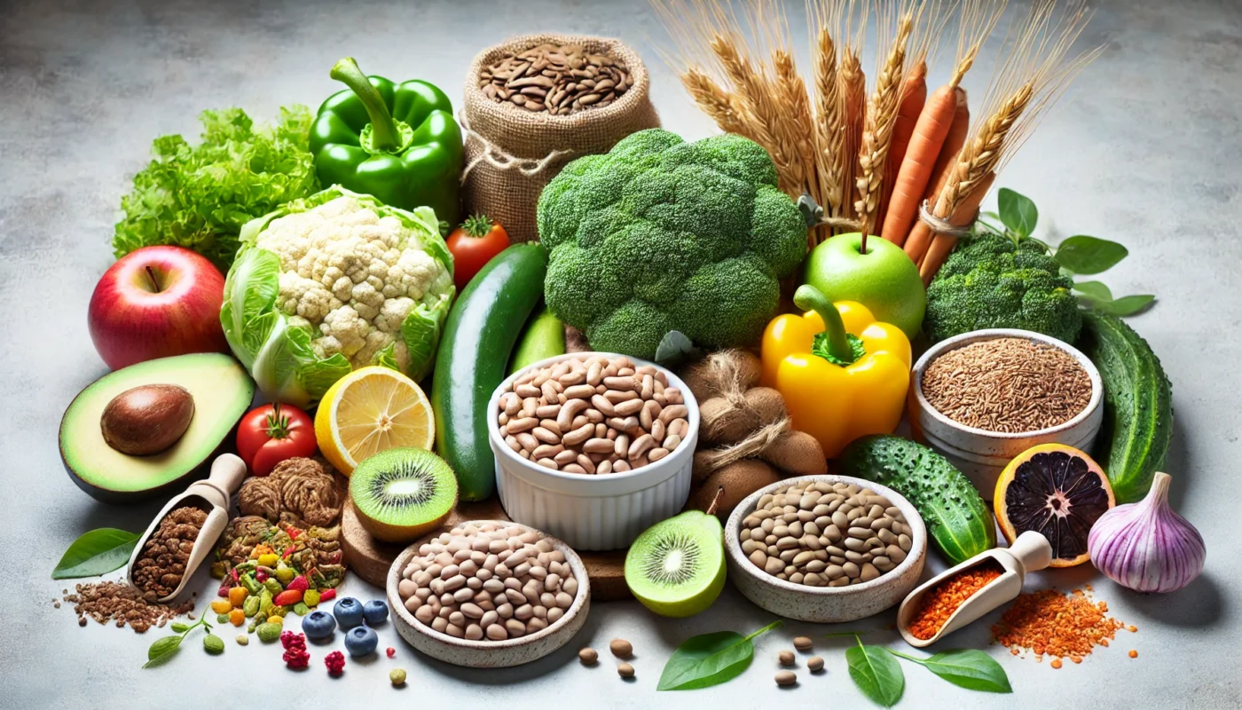 A fresh and nutritious display of fiber-rich foods, including whole grains, legumes, and fresh vegetables, arranged on a neutral background to emphasize their digestive benefits.