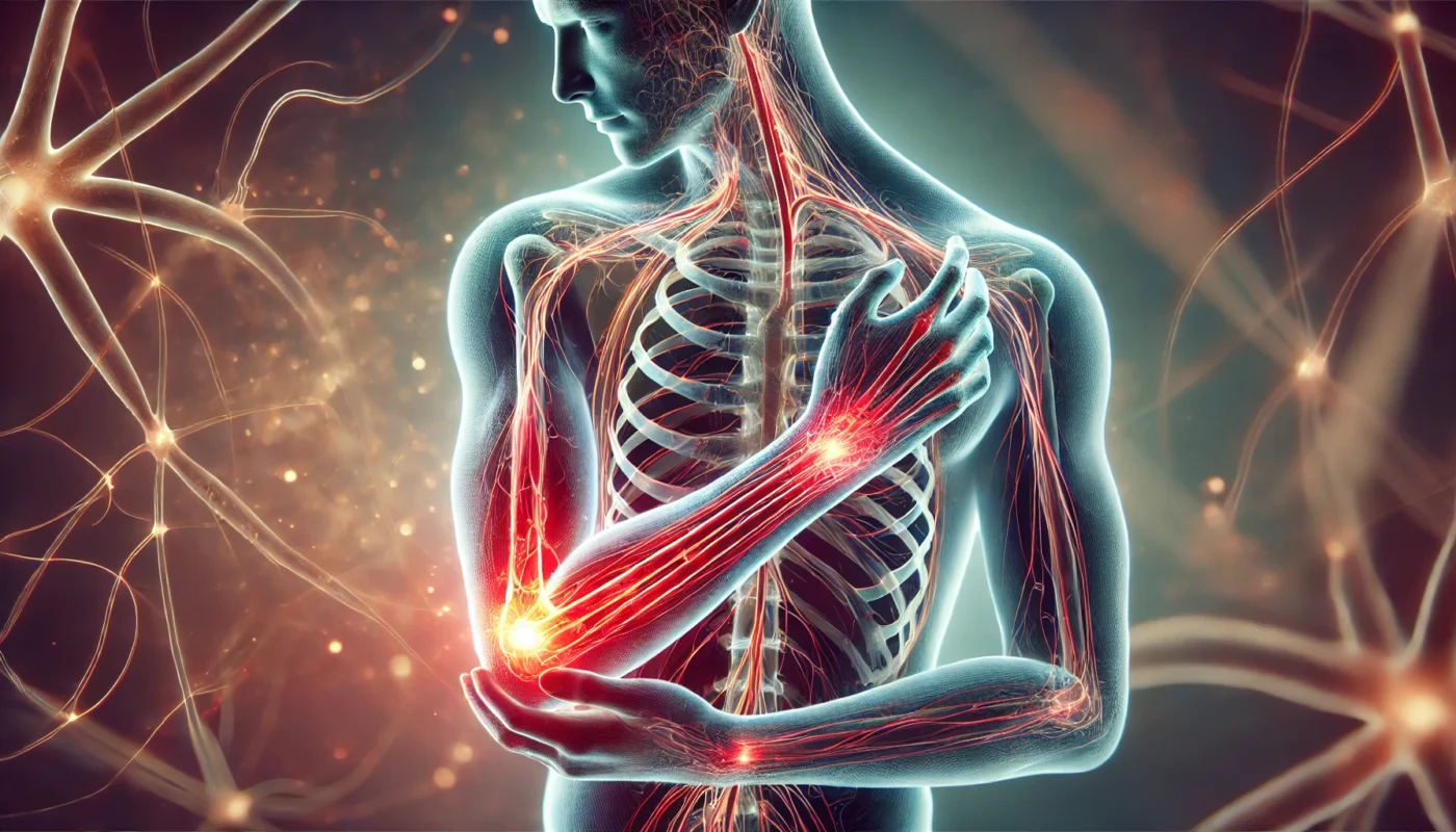 A semi-transparent human figure highlighting nerve pathways and muscle areas affected by fibromyalgia. The arm glows red, indicating chronic pain, with a soft, abstract background symbolizing nerve sensitivity.