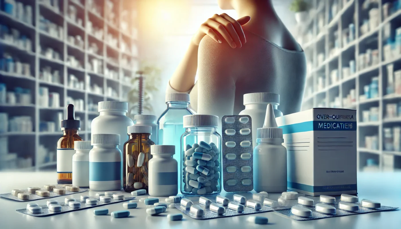 A detailed display of over-the-counter medications for fibromyalgia relief on a pharmacy counter, featuring pill bottles, blister packs, and medicine boxes. A blurred background shows a person massaging their shoulder, symbolizing pain management.