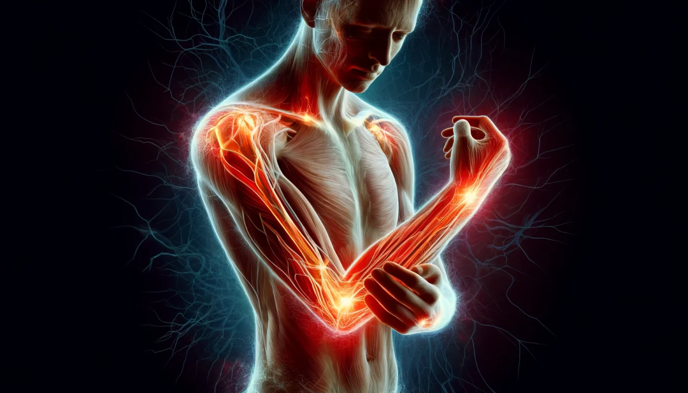 A person experiencing fibromyalgia-related arm pain, depicted with a glowing red effect around the muscles and joints. Abstract nerve-like lines pulsate, symbolizing heightened pain sensitivity.