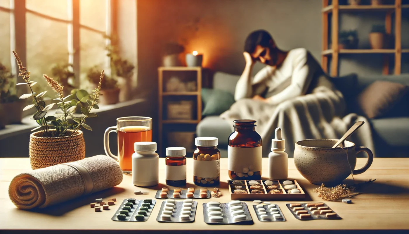 A cozy home setting with various fibromyalgia relief medications, including painkillers, topical creams, and herbal supplements, arranged on a wooden table. A cup of tea and a heating pad add to the comforting atmosphere, with a resting person in the background.