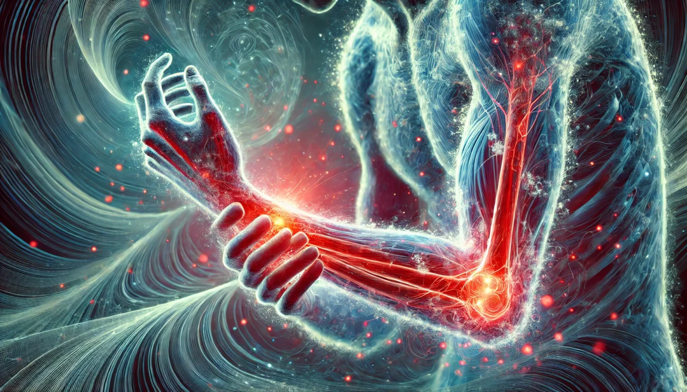 A human arm enveloped in swirling, glowing energy waves, representing nerve pain. The red hue highlights inflammation, contrasting with a soft, cool-toned background.