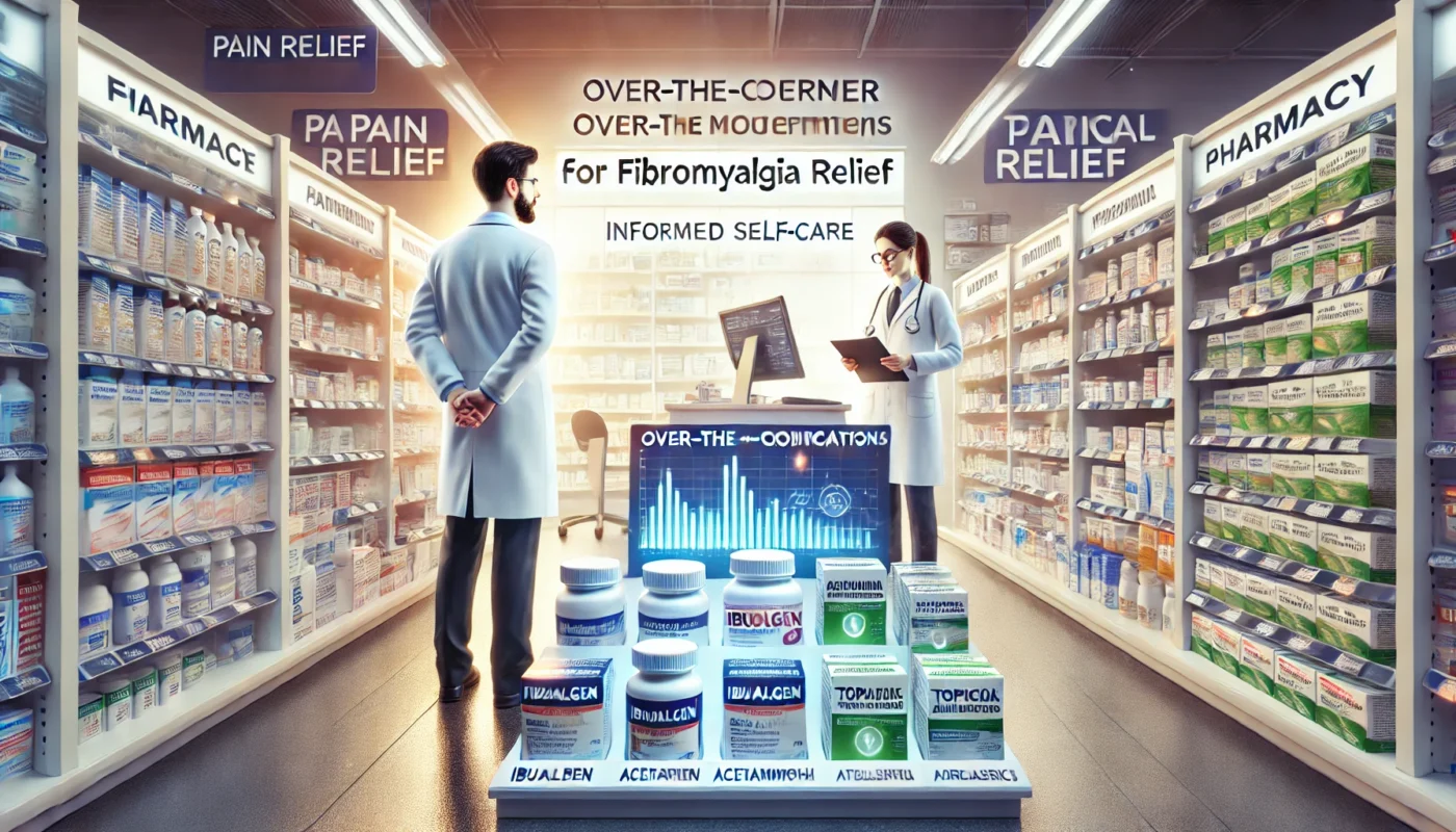 A professional pharmacy setting with an organized display of over-the-counter medications for fibromyalgia, including ibuprofen, acetaminophen, and pain relief creams. A pharmacist advises a customer in the background, highlighting informed self-care.