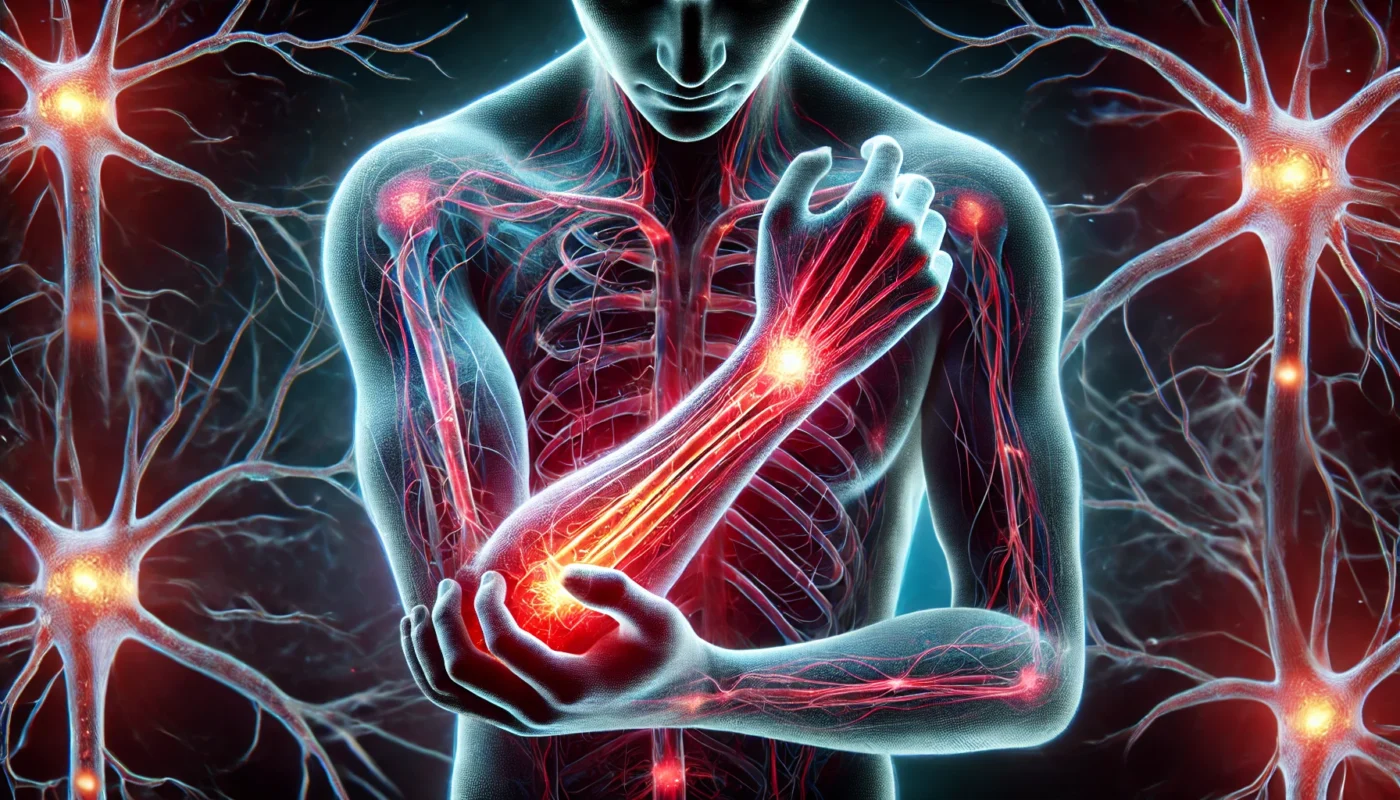 A person holding their forearm in pain, with a glowing red aura marking pain points and inflammation. Abstract nerve patterns in the background represent the chronic nature of fibromyalgia.