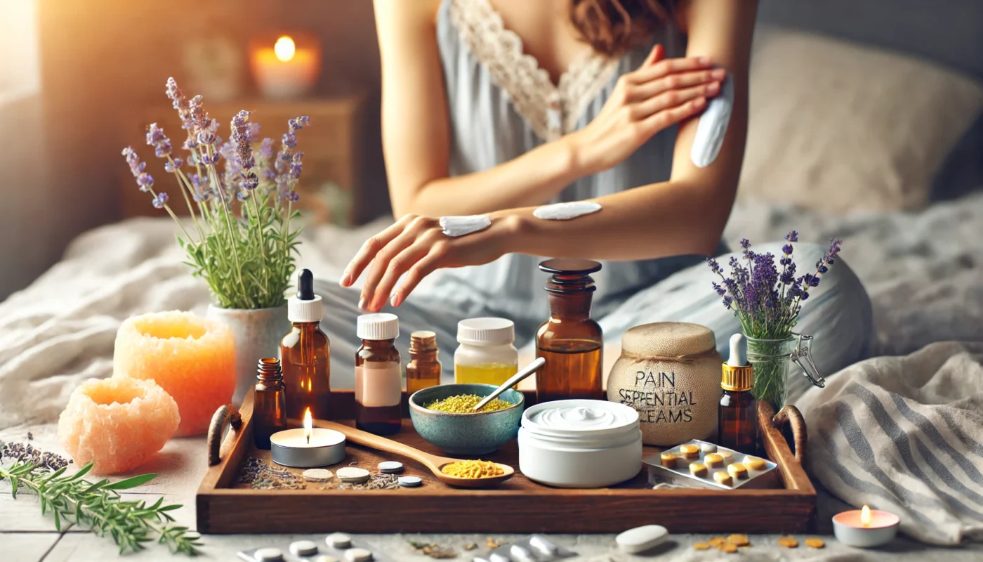 A wellness-themed composition displaying natural and over-the-counter remedies for fibromyalgia, featuring pain relief creams, essential oils, and herbal supplements. A woman applies cream to her arm in the background, emphasizing holistic self-care.