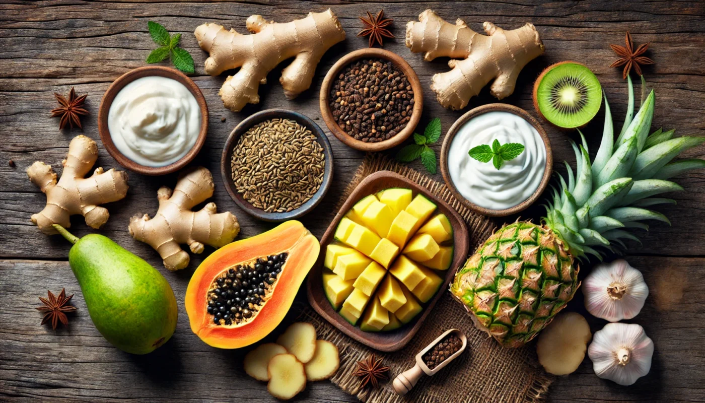 A top-down view of digestion-friendly foods, including ginger, fennel seeds, papaya, pineapple, and probiotic-rich yogurt, arranged on a rustic wooden table to highlight their natural bloating relief benefits.