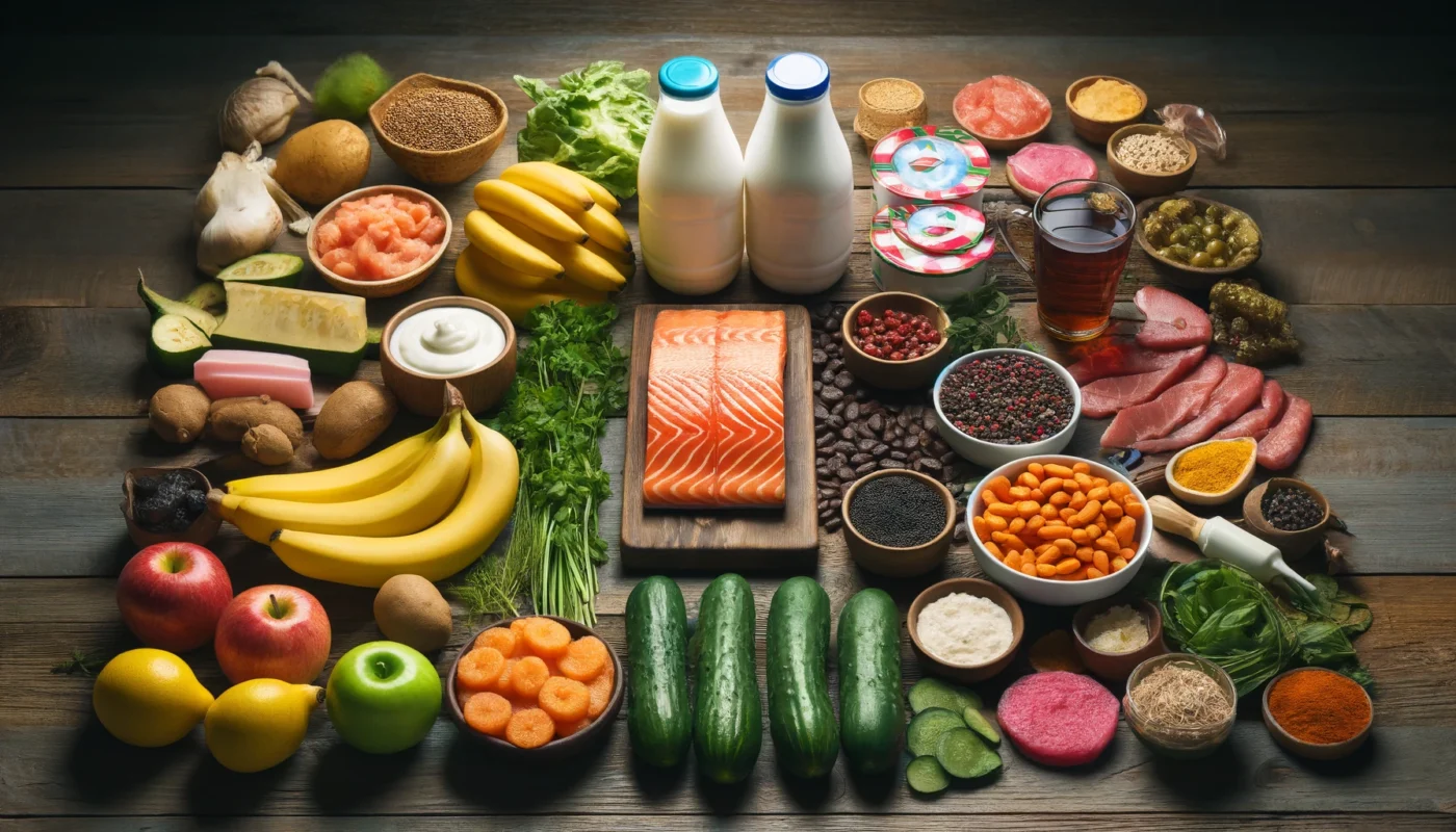 A side-by-side display of foods to include and avoid in an IBD-friendly diet, arranged on a rustic wooden table. One side features gut-friendly choices such as fresh salmon, bananas, yogurt, peeled cucumbers, and herbal tea. The other side highlights common IBD triggers, including processed meats, spicy foods, carbonated drinks, and dairy products. The visual emphasizes the importance of dietary choices for managing inflammation and digestive health.