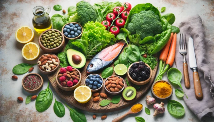 A vibrant spread of fresh anti-inflammatory foods, including leafy greens, berries, fatty fish, nuts, and turmeric, arranged on a wooden cutting board for a visually appealing and nutritious display.