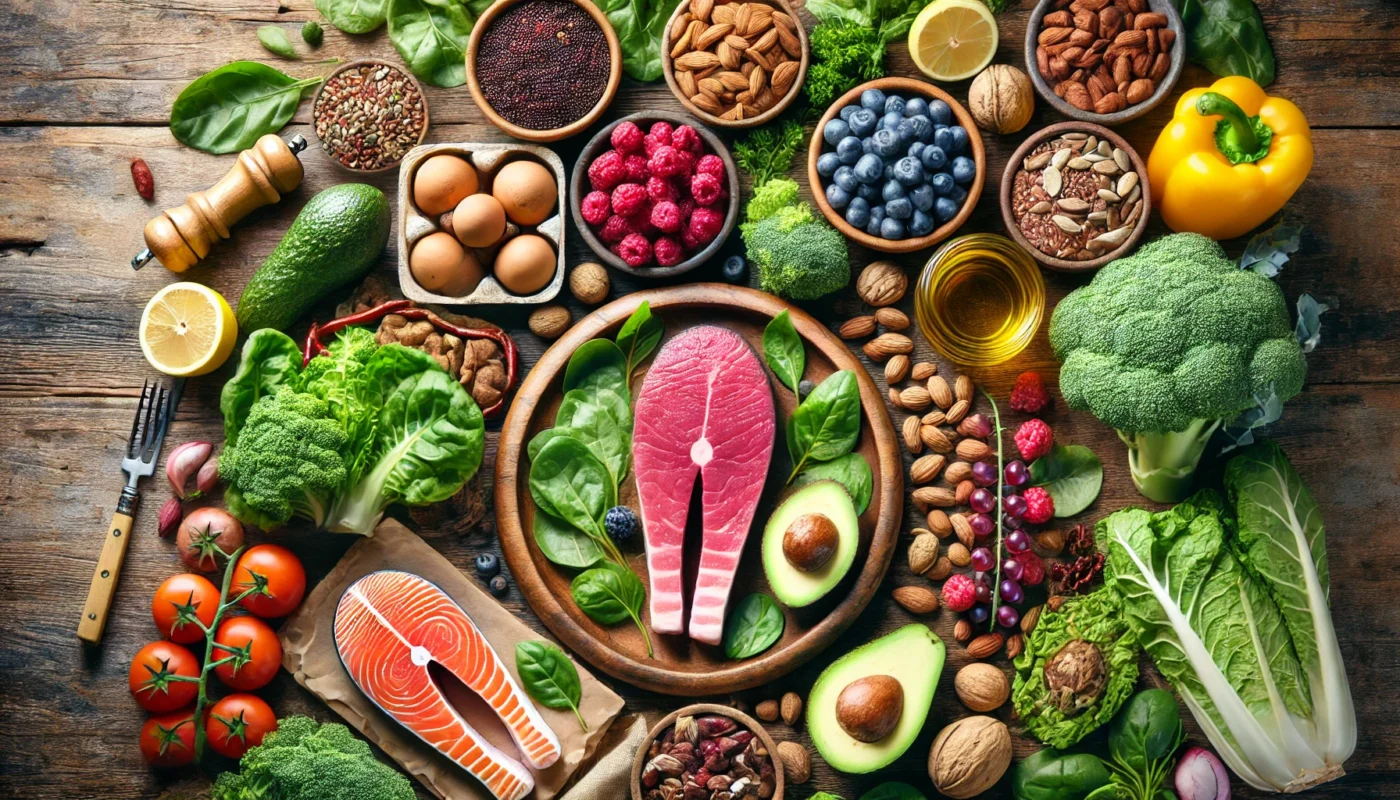 A vibrant assortment of paleo-friendly foods, including grass-fed beef, wild-caught salmon, leafy greens, berries, nuts, seeds, and avocados, beautifully arranged on a wooden table with natural lighting.