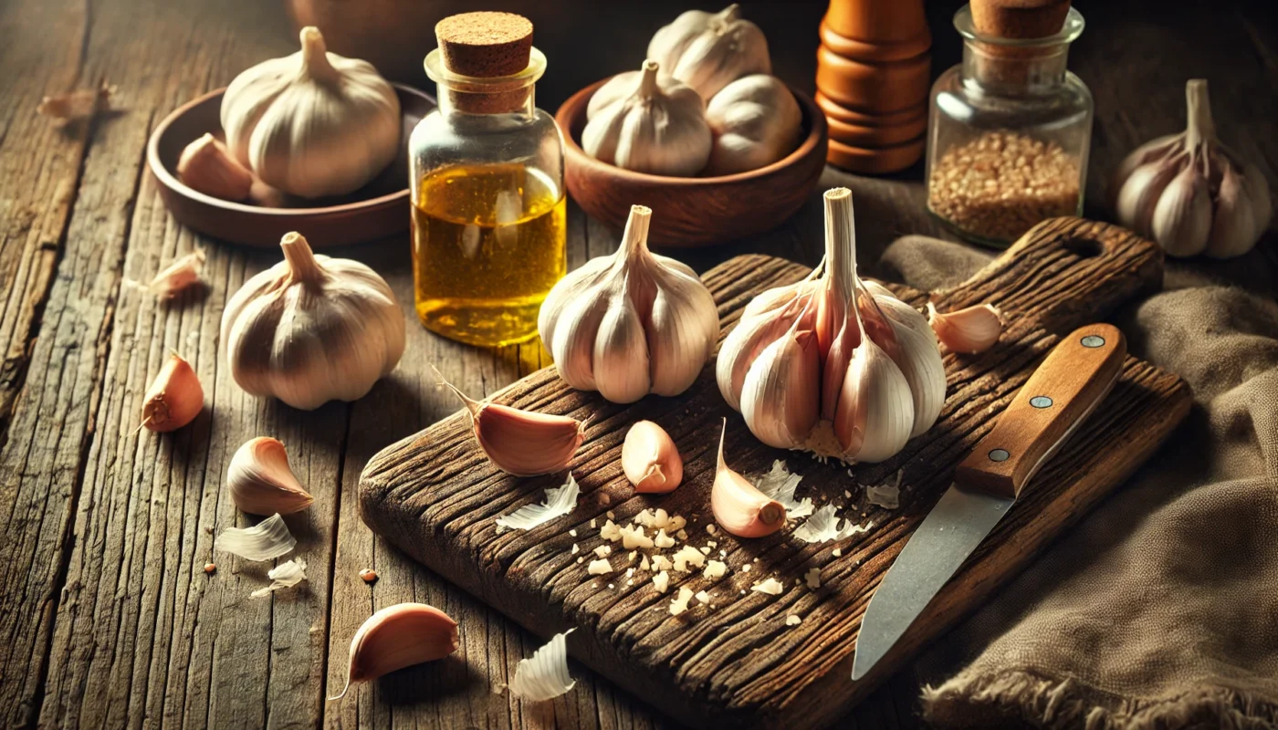 A rustic kitchen scene featuring fresh garlic bulbs and cloves on a wooden cutting board, with some cloves being crushed to release their natural oils, highlighting garlic’s antimicrobial and immune-enhancing properties.