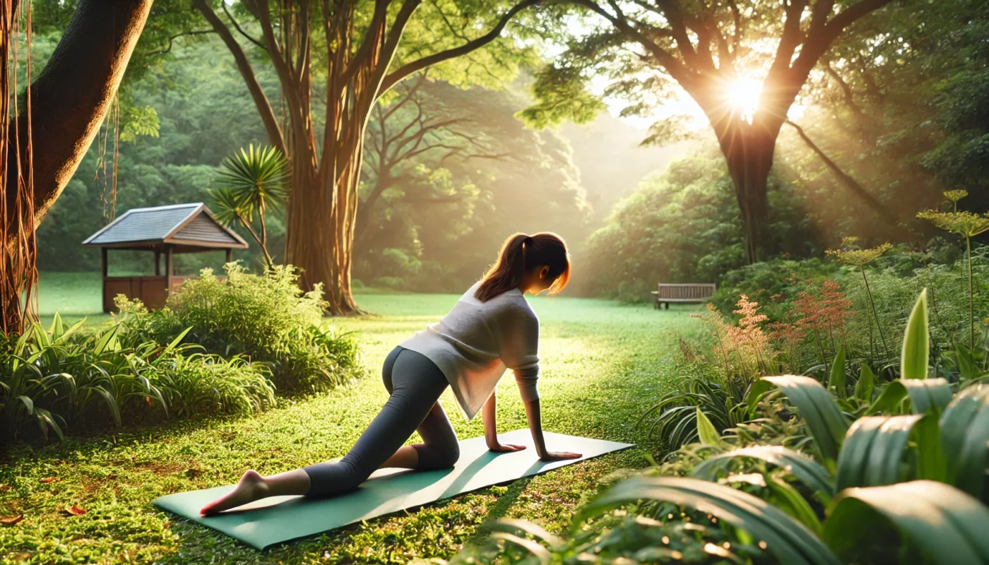 A woman practicing yoga in a serene outdoor park, surrounded by lush greenery and soft morning sunlight. She is performing a simple stretching pose, promoting movement, energy restoration, and fatigue relief in autoimmune conditions.