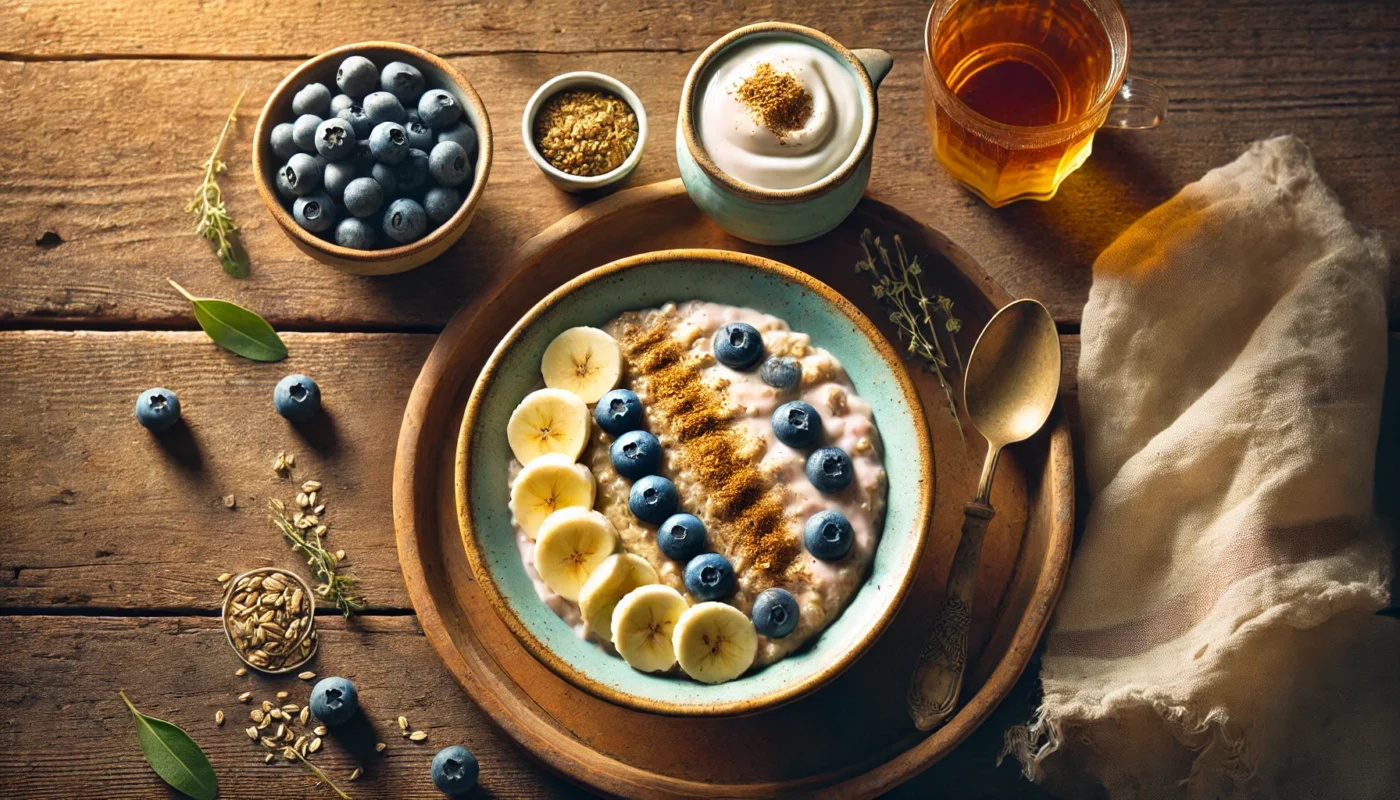 A warm, inviting top-down view of a soothing meal featuring oatmeal topped with sliced bananas and a sprinkle of cinnamon, accompanied by a small bowl of probiotic-rich yogurt with blueberries. A cup of chamomile tea sits beside the meal, emphasizing anti-inflammatory foods that promote digestive health. Soft natural lighting highlights the fresh, wholesome ingredients.