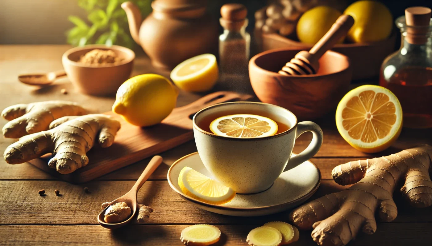 A cozy kitchen scene featuring a steaming cup of ginger tea on a wooden table, surrounded by fresh ginger root and lemon slices, emphasizing ginger’s immune-boosting and anti-inflammatory properties.

