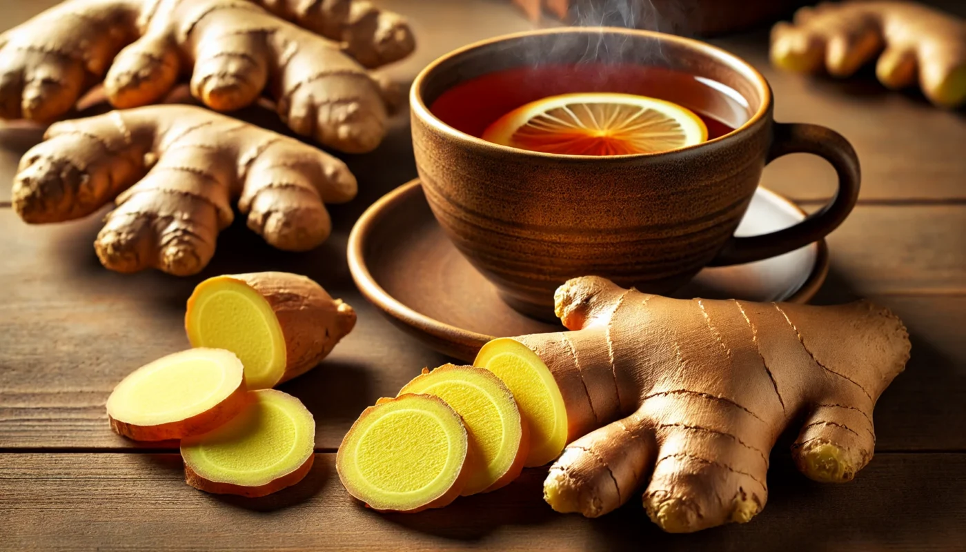 A close-up of freshly sliced ginger root on a wooden surface, accompanied by a steaming cup of ginger tea, emphasizing ginger’s anti-inflammatory properties and its role in digestive and immune health.