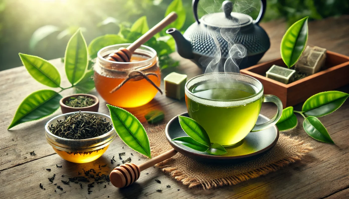 A cup of steaming green tea placed on a wooden table alongside fresh green tea leaves and a small bowl of honey. The scene is bathed in soft, natural light, representing the immune-modulating benefits of green tea in calming an overactive immune system.