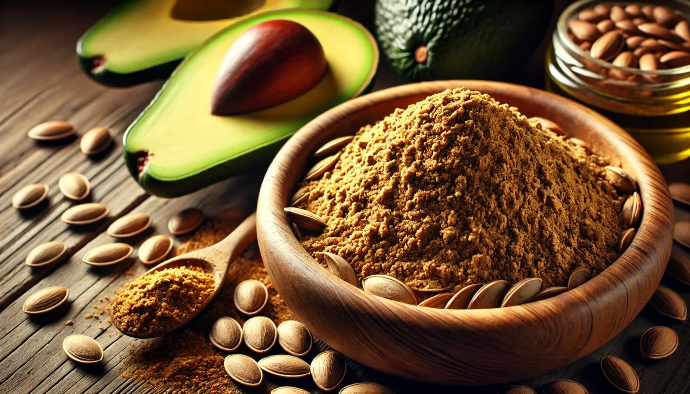 A close-up of ground avocado seed powder in a wooden bowl, surrounded by fresh avocado halves and dried avocado seeds, emphasizing its use for joint pain relief.

