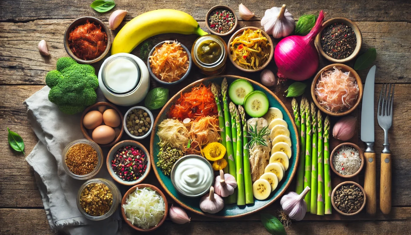 A vibrant top-down view of a gut-healthy meal featuring probiotic-rich foods like yogurt, kimchi, sauerkraut, and kombucha, alongside prebiotic foods such as garlic, onions, bananas, and asparagus, set on a rustic wooden table.